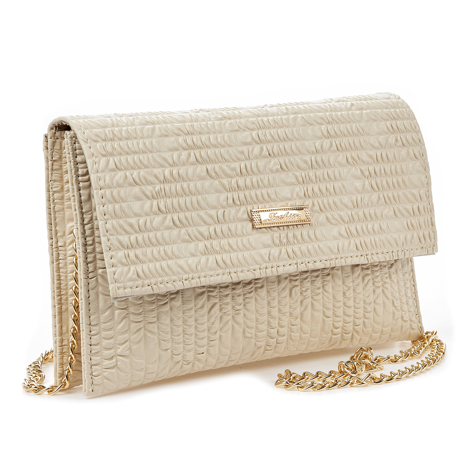 Sequoia Γυναικεία Τσάντα Χιαστί – Φάκελος με Καπιτονέ Μοτίβο και Χρυσή Αλυσίδα V-113BU Savannah Μπεζ