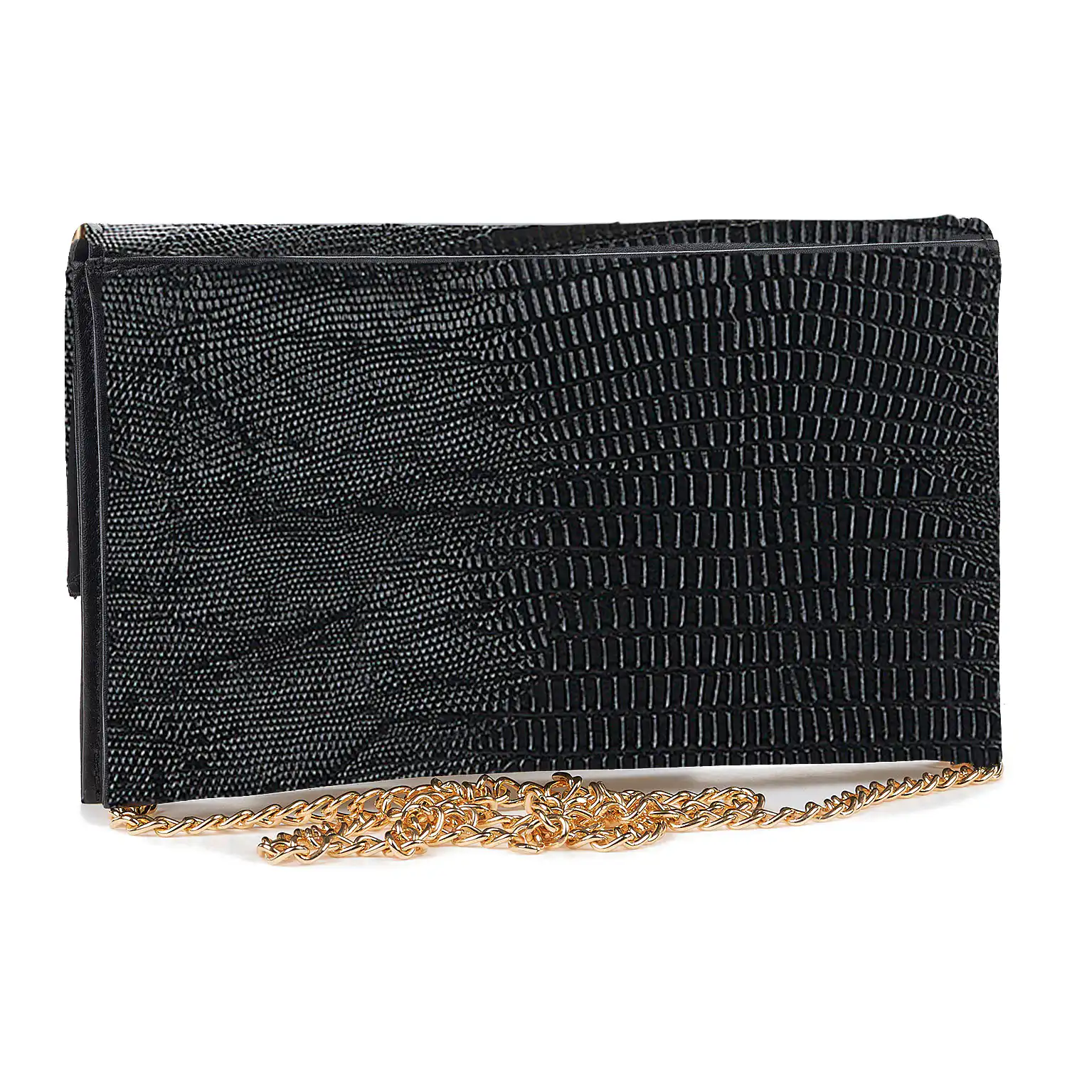 Sequoia Γυναικεία Τσάντα Χιαστί - Φάκελος με Ανάγλυφο Μοτίβο Ιγκουάνα και Χρυσή Αλυσίδα V-113IG Amelia Μαύρο