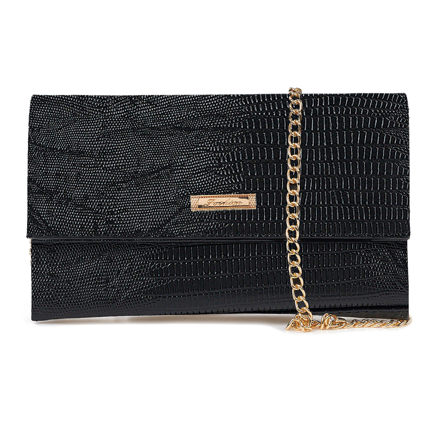 Sequoia Γυναικεία Τσάντα Χιαστί – Φάκελος με Ανάγλυφο Μοτίβο Ιγκουάνα και Χρυσή Αλυσίδα V-113IG Amelia Μαύρο
