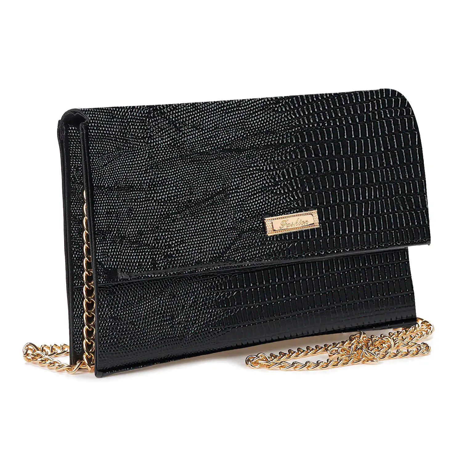 Sequoia Γυναικεία Τσάντα Χιαστί - Φάκελος με Ανάγλυφο Μοτίβο Ιγκουάνα και Χρυσή Αλυσίδα V-113IG Amelia Μαύρο