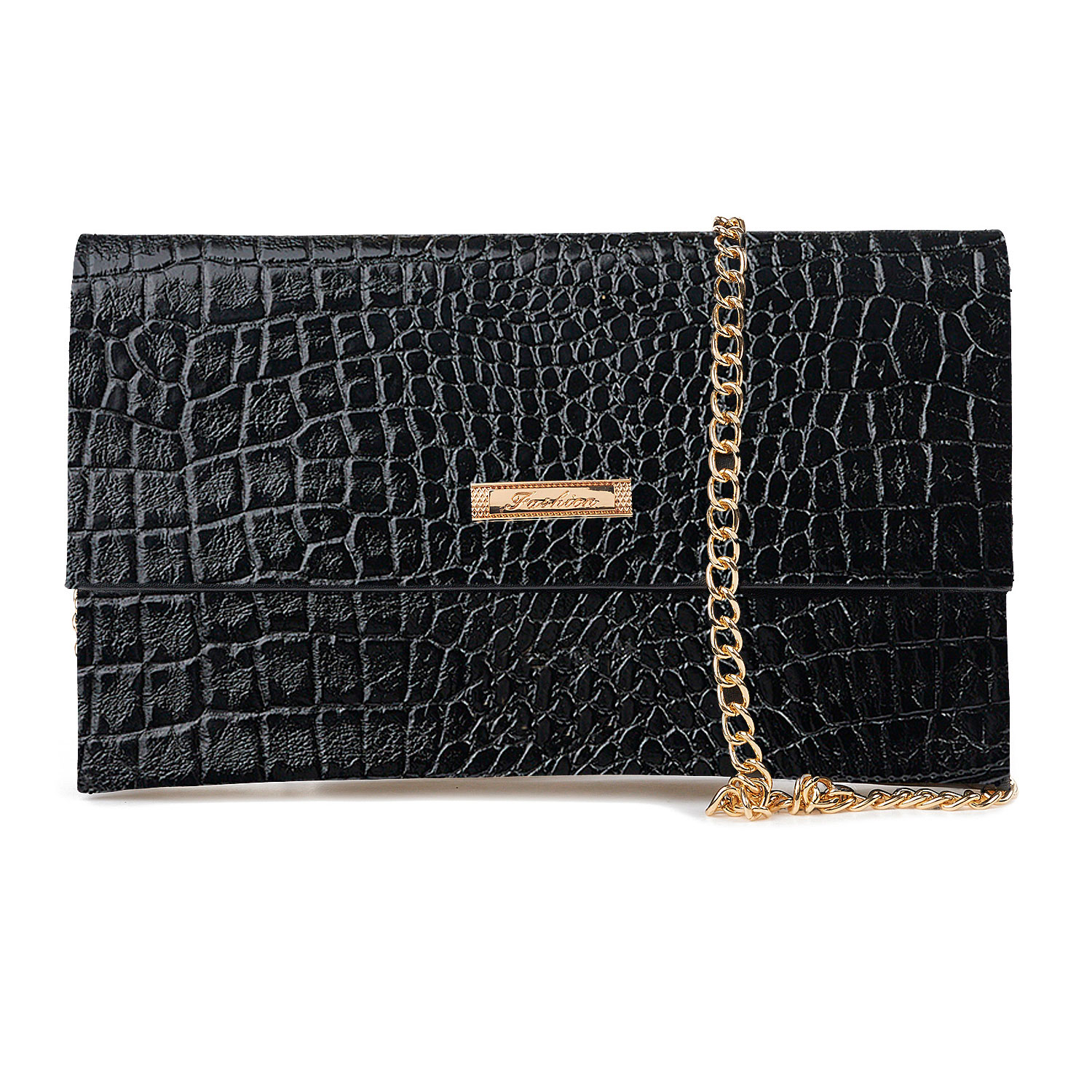 Sequoia Γυναικεία Τσάντα Χιαστί – Φάκελος με Ανάγλυφο Μοτίβο κροκοδειλου και Χρυσή Αλυσίδα V-113CR Sienna Μαύρο