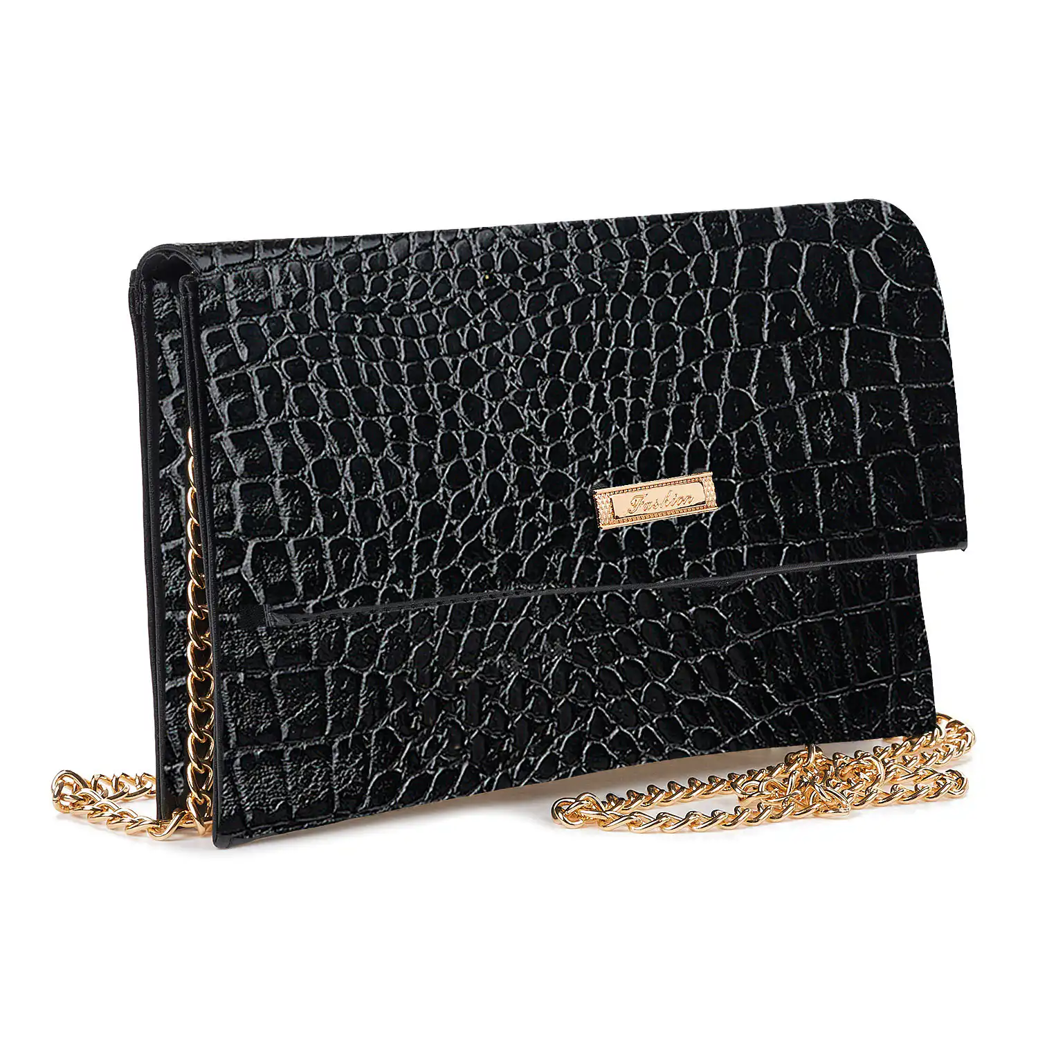 Sequoia Γυναικεία Τσάντα Χιαστί - Φάκελος με Ανάγλυφο Μοτίβο κροκοδειλου και Χρυσή Αλυσίδα V-113CR Sienna Μαύρο