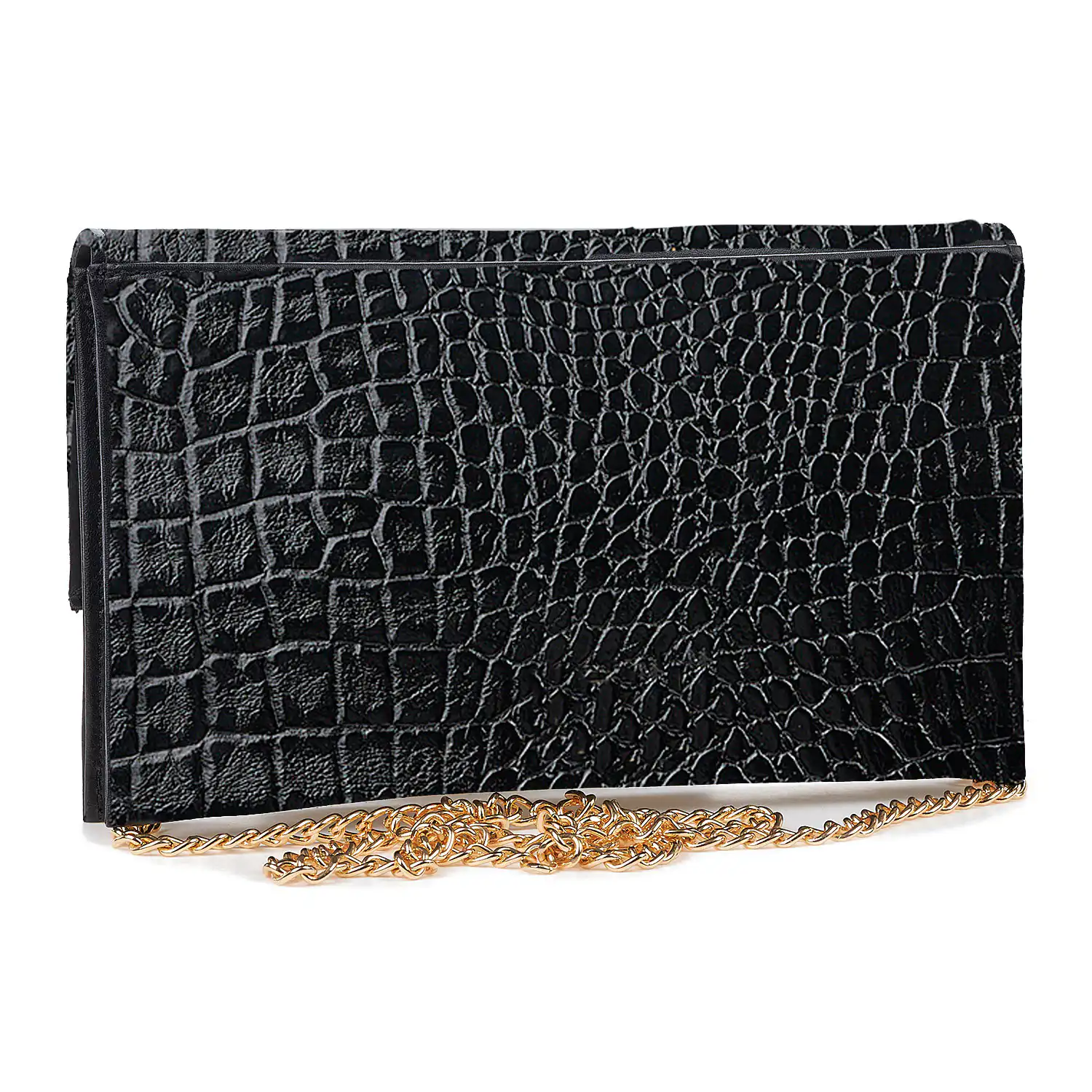 Sequoia Γυναικεία Τσάντα Χιαστί - Φάκελος με Ανάγλυφο Μοτίβο κροκοδειλου και Χρυσή Αλυσίδα V-113CR Sienna Μαύρο
