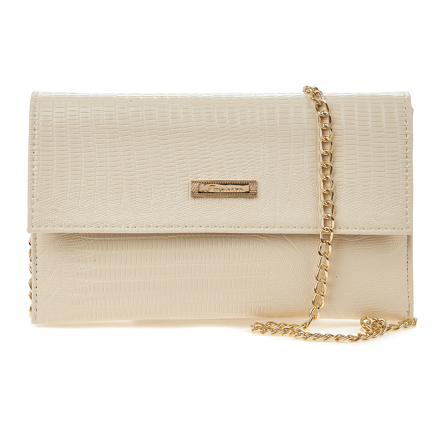 Sequoia Γυναικεία Τσάντα Χιαστί – Φάκελος με Ανάγλυφο Μοτίβο Ιγκουάνα και Χρυσή Αλυσίδα V-113IG Amelia Μπεζ