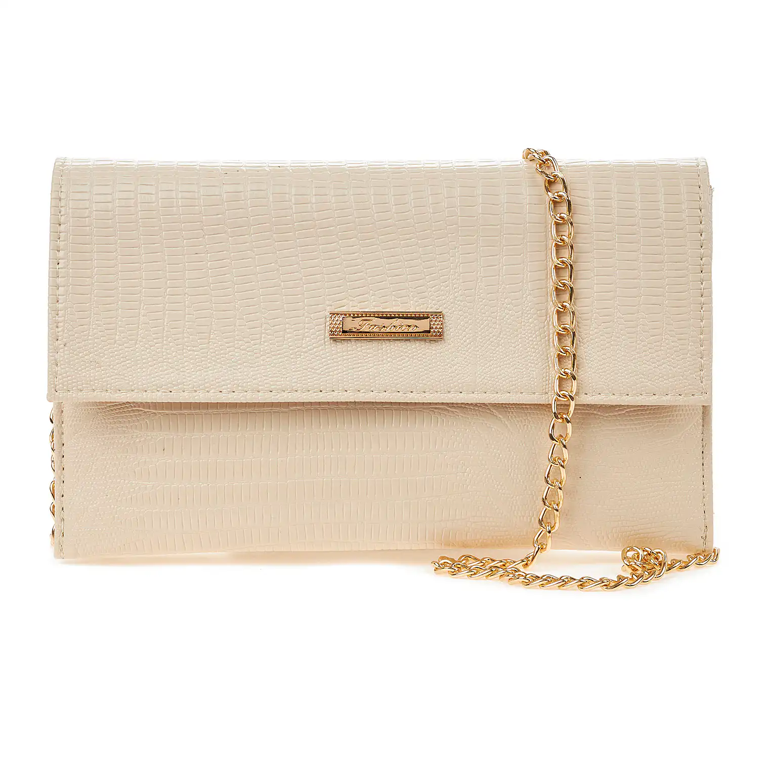 Sequoia Γυναικεία Τσάντα Χιαστί – Φάκελος με Ανάγλυφο Μοτίβο Ιγκουάνα και Χρυσή Αλυσίδα V-113IG Amelia Μπεζ