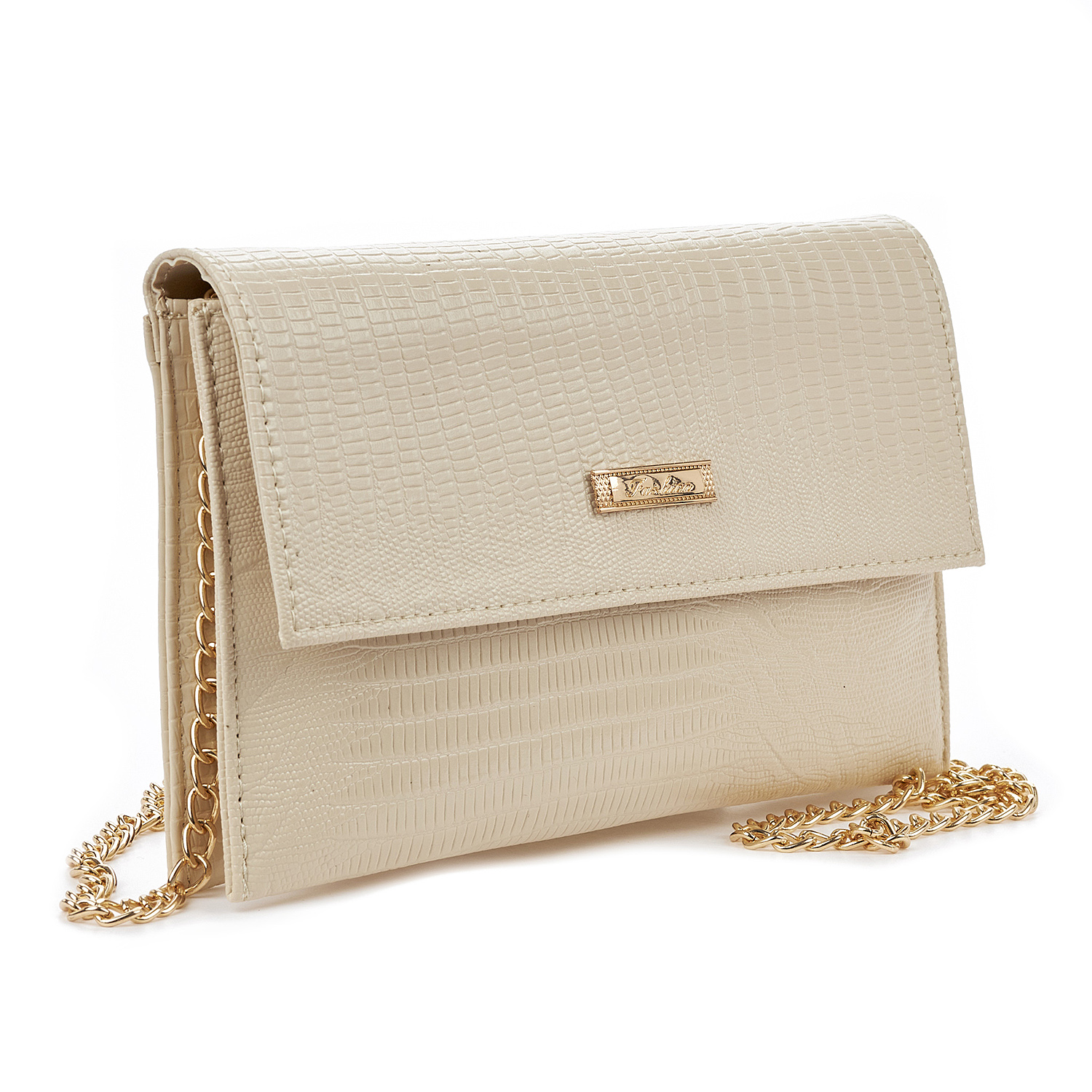 Sequoia Γυναικεία Τσάντα Χιαστί – Φάκελος με Ανάγλυφο Μοτίβο Ιγκουάνα και Χρυσή Αλυσίδα V-113IG Amelia Μπεζ