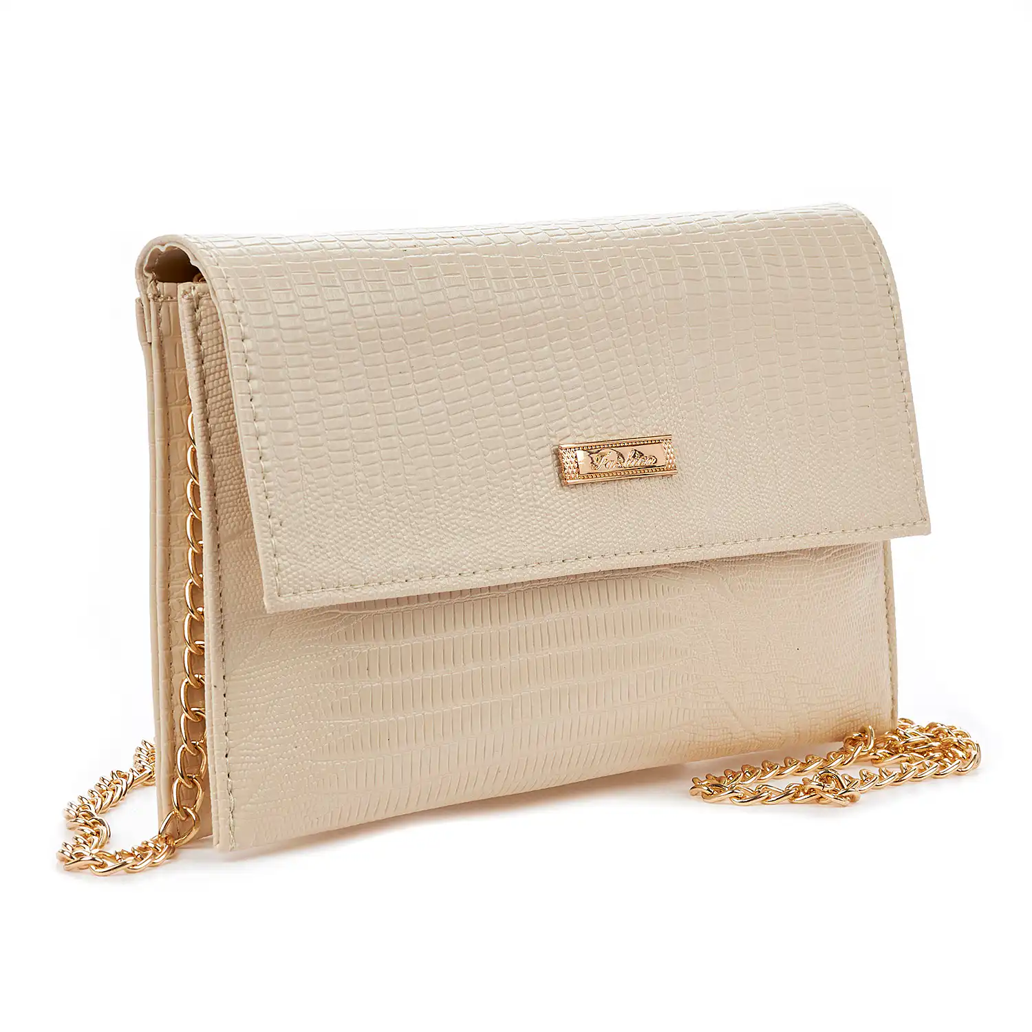 Sequoia Γυναικεία Τσάντα Χιαστί – Φάκελος με Ανάγλυφο Μοτίβο Ιγκουάνα και Χρυσή Αλυσίδα V-113IG Amelia Μπεζ