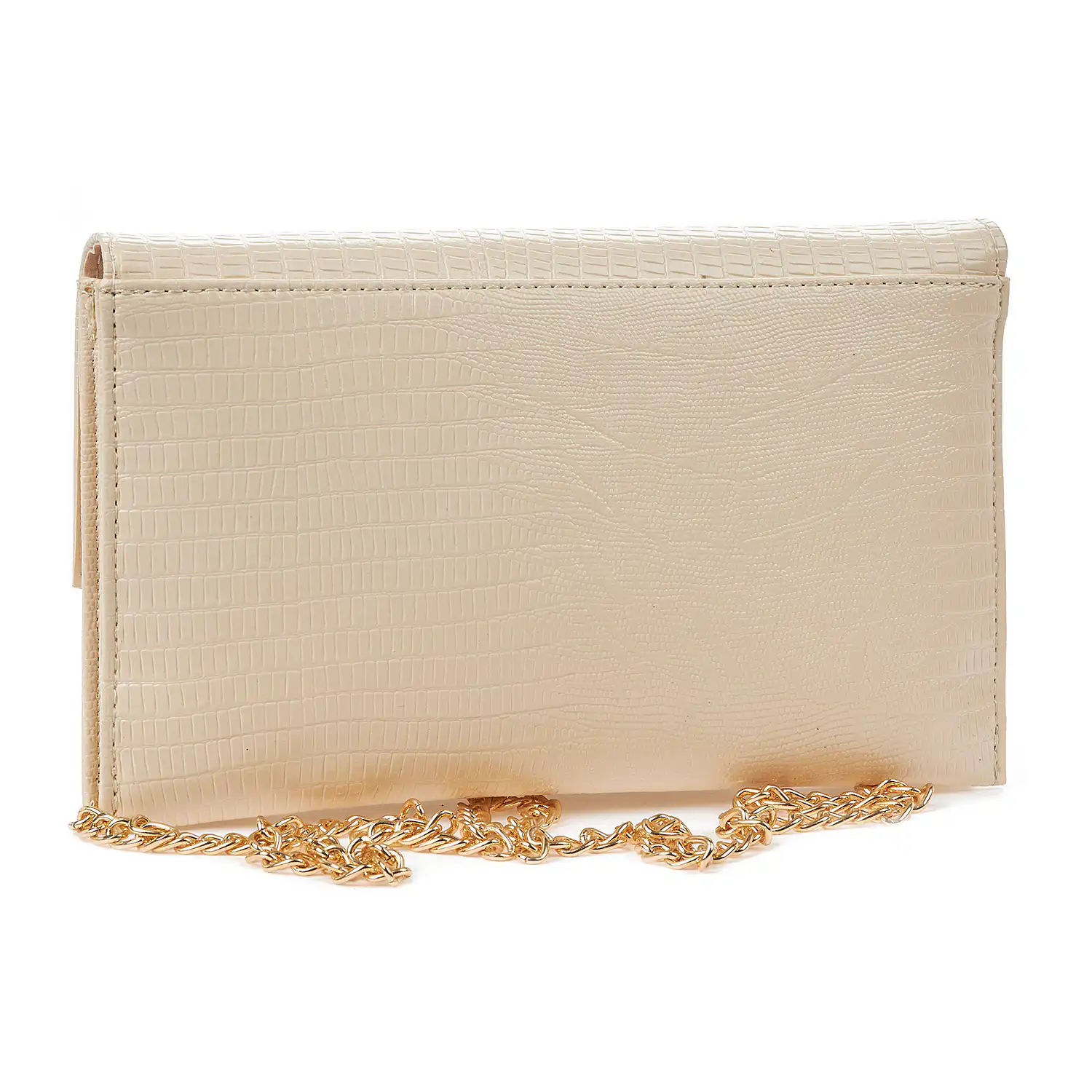 Sequoia Γυναικεία Τσάντα Χιαστί - Φάκελος με Ανάγλυφο Μοτίβο Ιγκουάνα και Χρυσή Αλυσίδα V-113IG Amelia Μπεζ