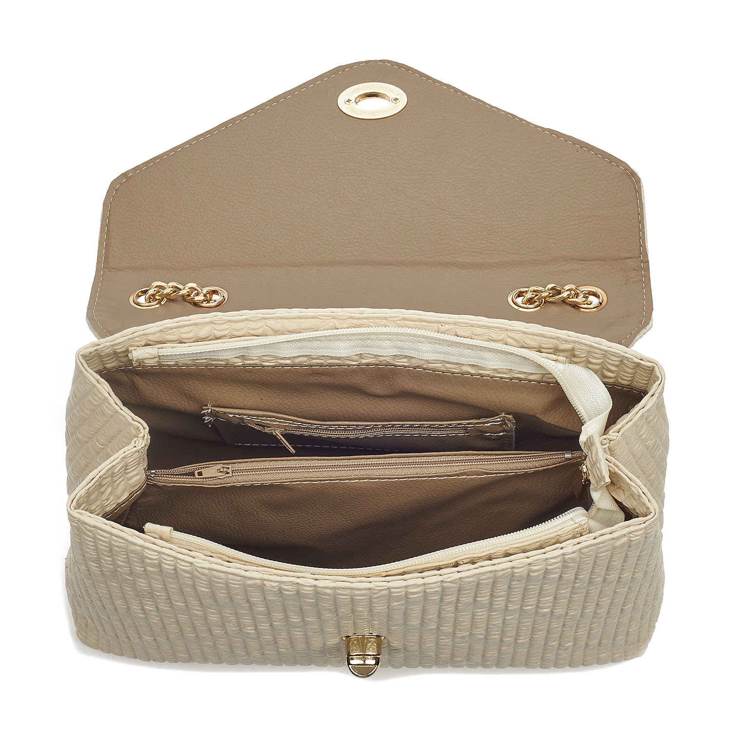 Sequoia Γυναικεία Τσάντα Ώμου με Ανάγλυφο Μοτίβο και Χρυσή Αλυσίδα V-141BU Μπεζ