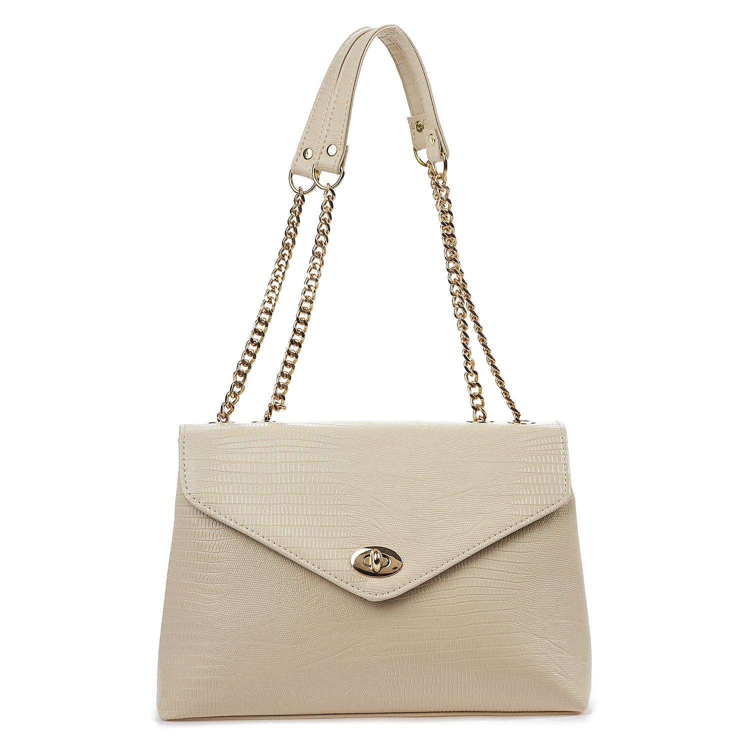 Sequoia Γυναικεία Τσάντα Ώμου με Ανάγλυφο Μοτίβο Ιγκουάνα και Χρυσή Αλυσίδα V-141IG Μπεζ