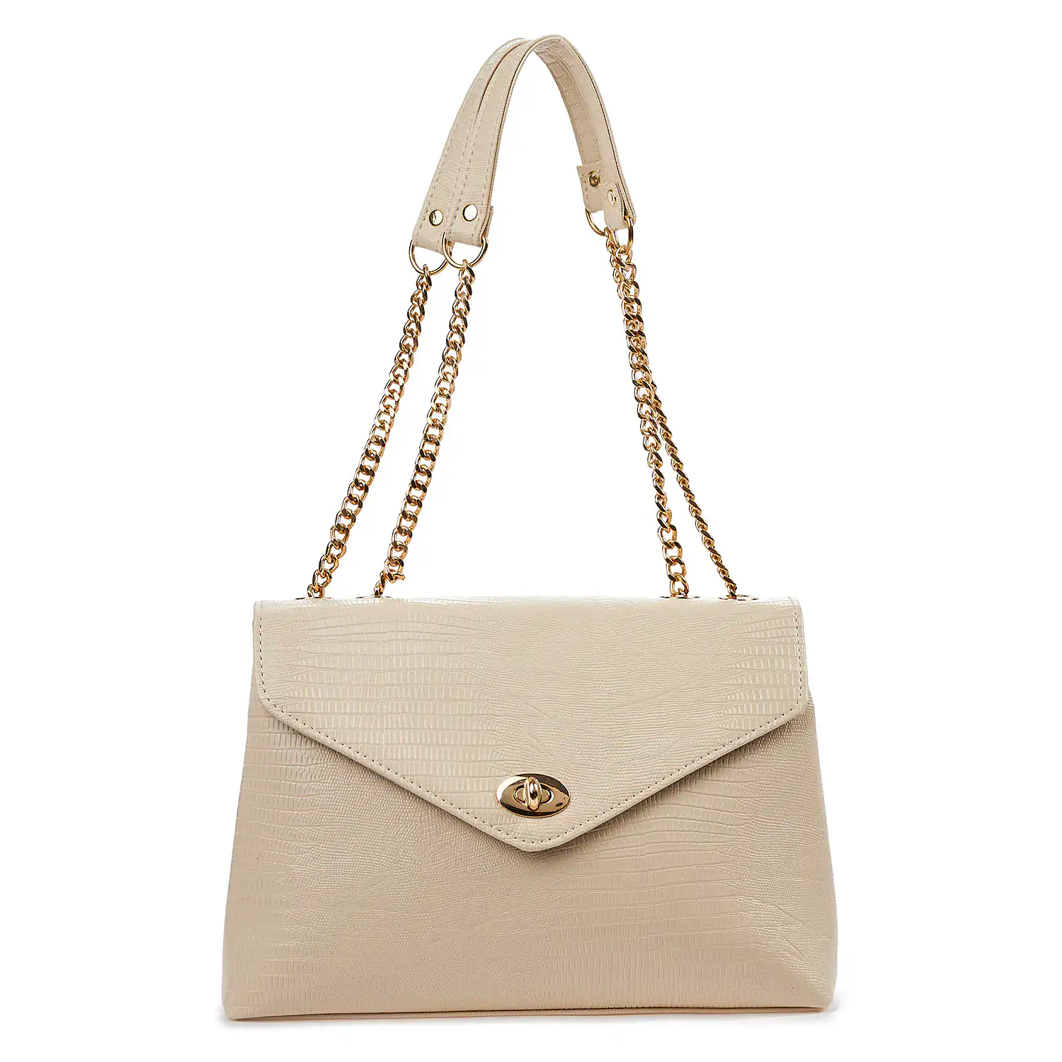 Sequoia Γυναικεία Τσάντα Ώμου με Ανάγλυφο Μοτίβο Ιγκουάνα και Χρυσή Αλυσίδα V-141IG Μπεζ