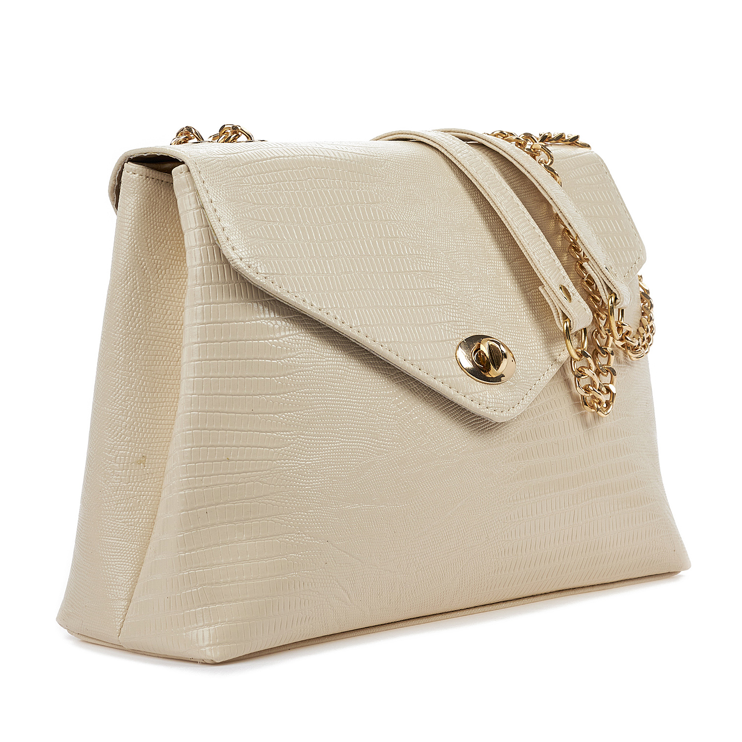 Sequoia Γυναικεία Τσάντα Ώμου με Ανάγλυφο Μοτίβο Ιγκουάνα και Χρυσή Αλυσίδα V-141IG Μαύρο