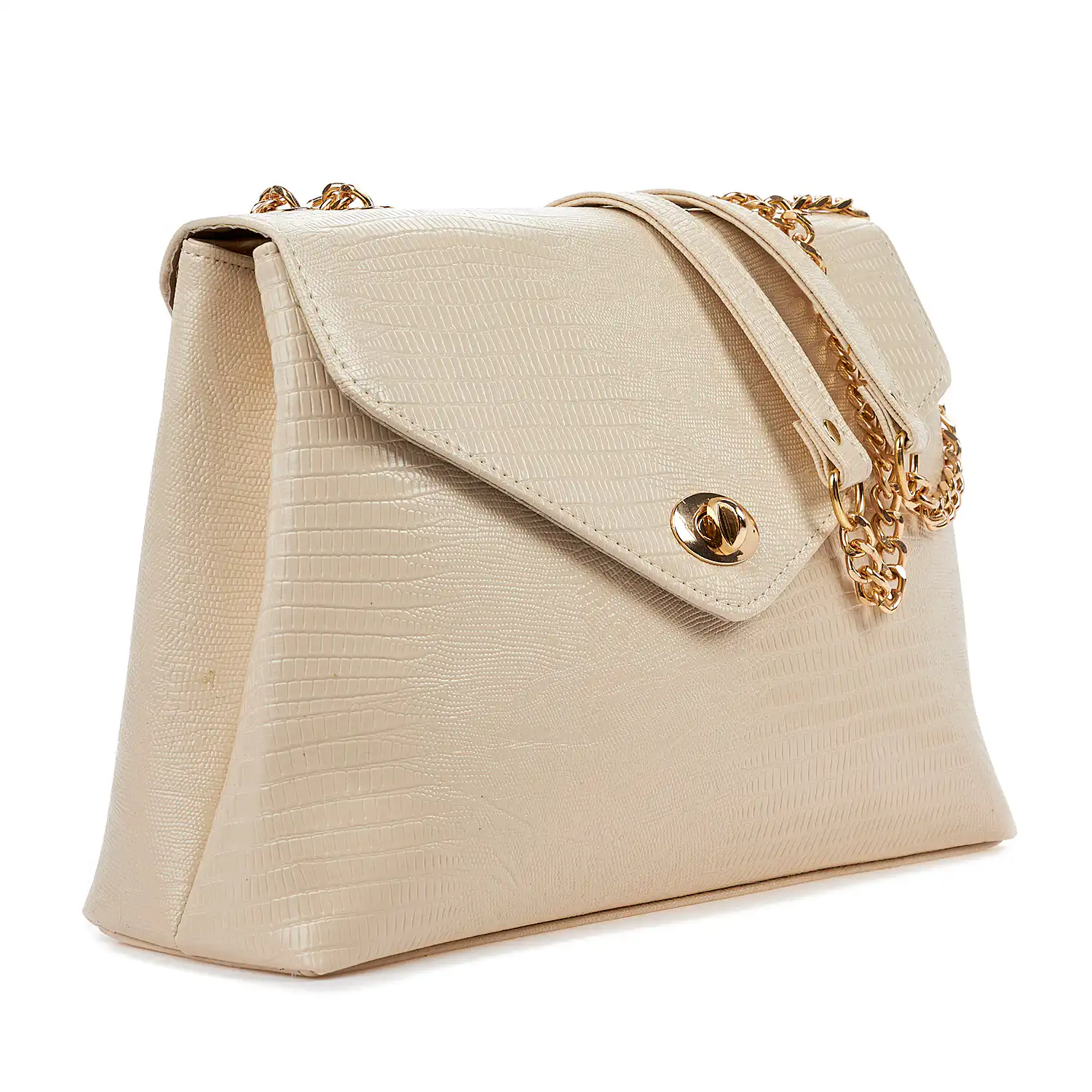 Sequoia Γυναικεία Τσάντα Ώμου με Ανάγλυφο Μοτίβο Ιγκουάνα και Χρυσή Αλυσίδα V-141IG Μπεζ