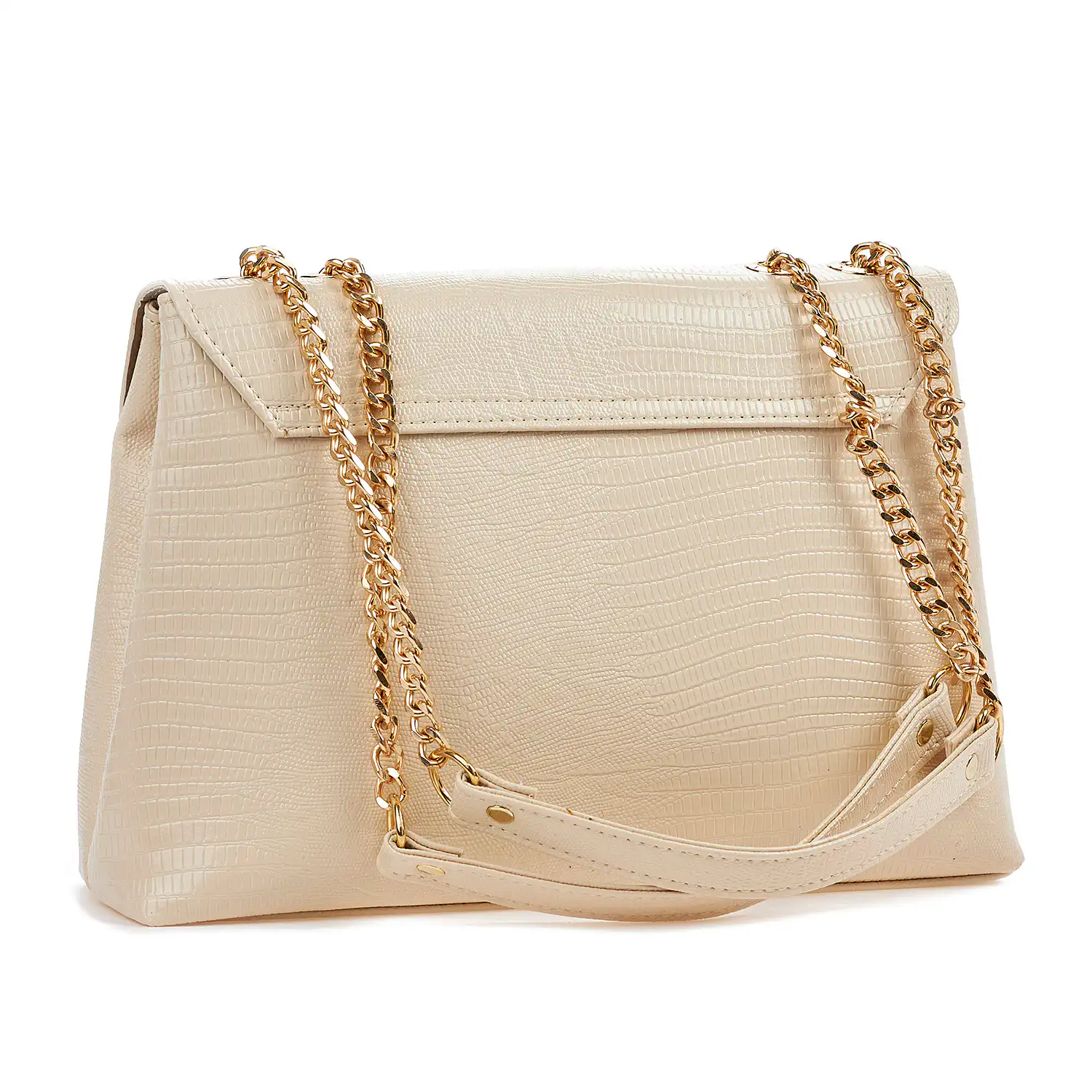 Sequoia Γυναικεία Τσάντα Ώμου με Ανάγλυφο Μοτίβο Ιγκουάνα και Χρυσή Αλυσίδα V-141IG Μπεζ
