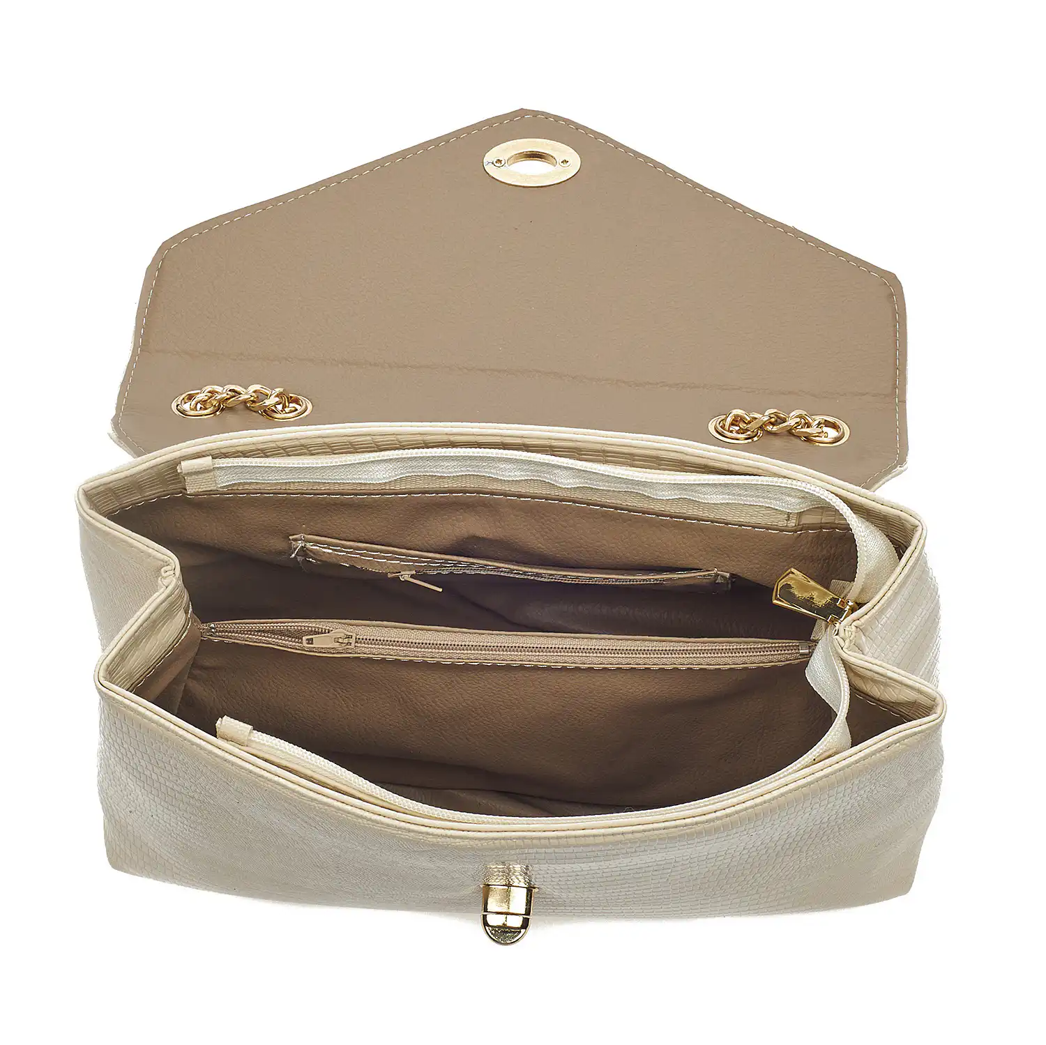 Sequoia Γυναικεία Τσάντα Ώμου με Ανάγλυφο Μοτίβο Ιγκουάνα και Χρυσή Αλυσίδα V-141IG Μπεζ