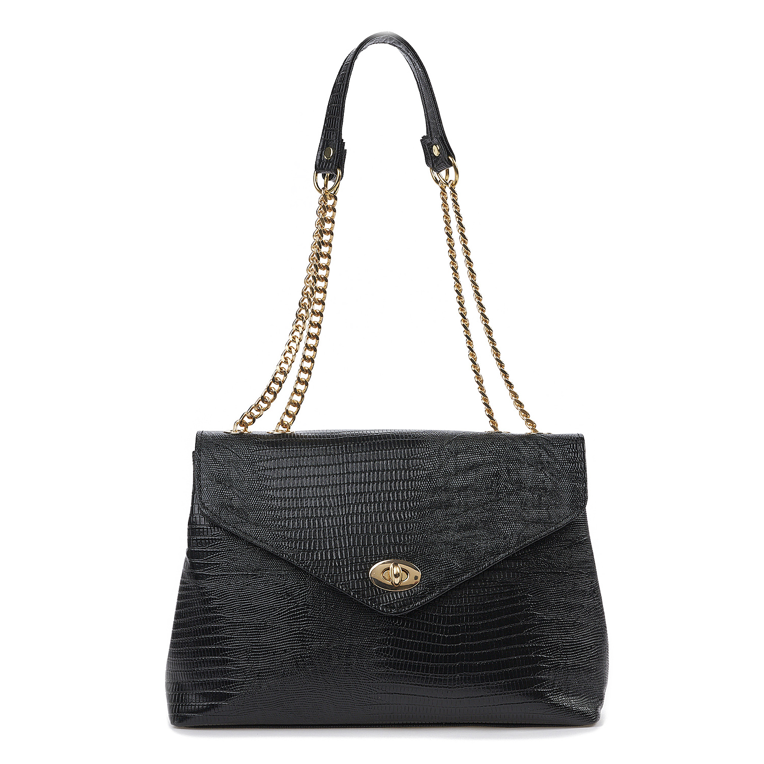 Sequoia Γυναικεία Τσάντα Ώμου με Ανάγλυφο Μοτίβο Ιγκουάνα και Χρυσή Αλυσίδα V-141IG Μαύρο