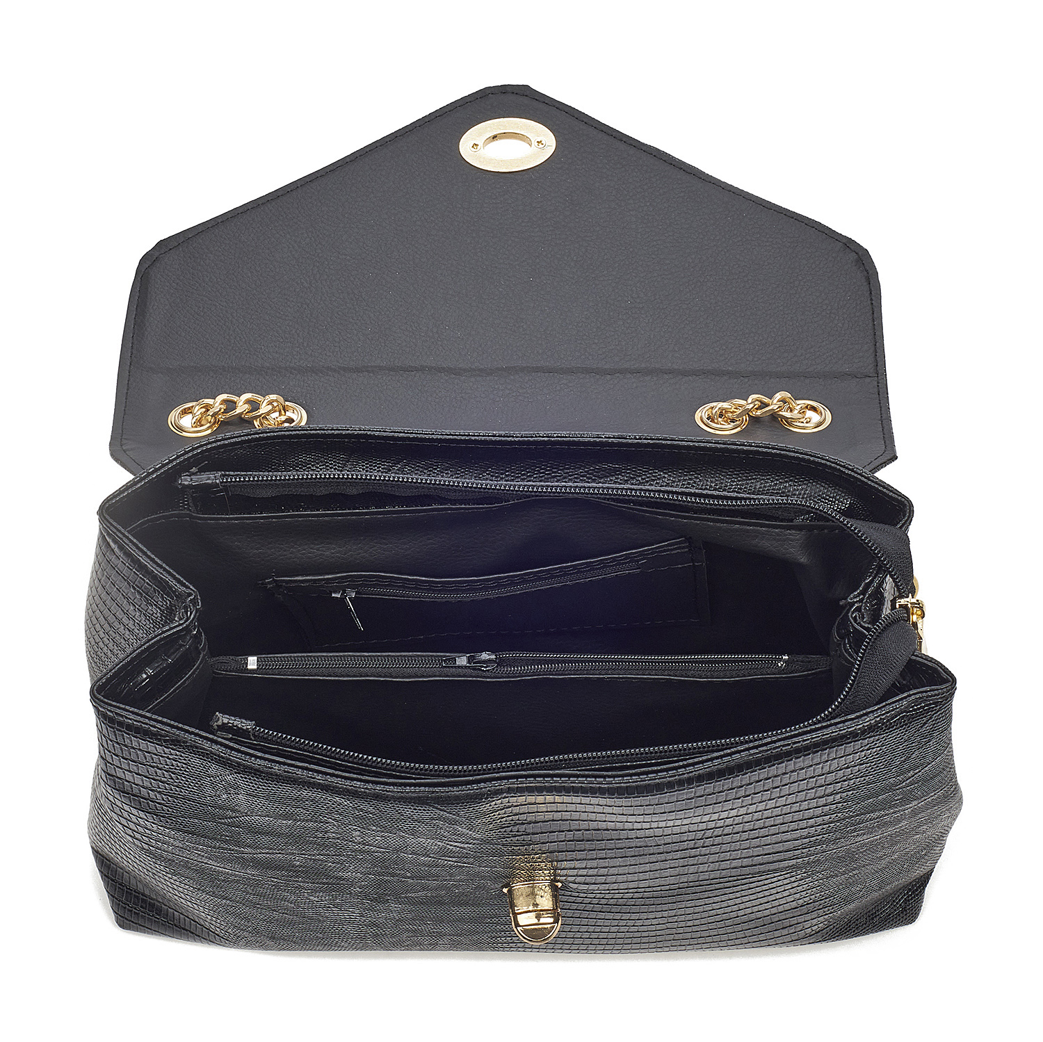 Sequoia Γυναικεία Τσάντα Ώμου με Ανάγλυφο Μοτίβο Ιγκουάνα και Χρυσή Αλυσίδα V-141IG Μαύρο