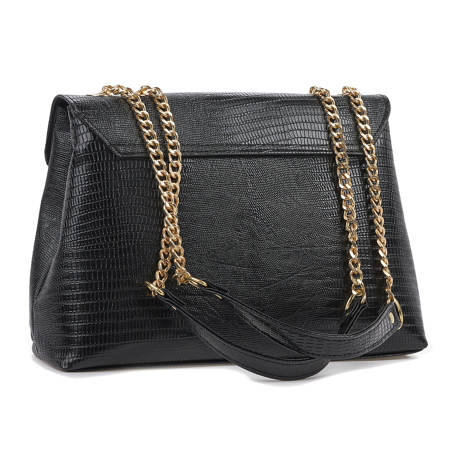 Sequoia Γυναικεία Τσάντα Ώμου με Ανάγλυφο Μοτίβο Ιγκουάνα και Χρυσή Αλυσίδα V-141IG Μαύρο