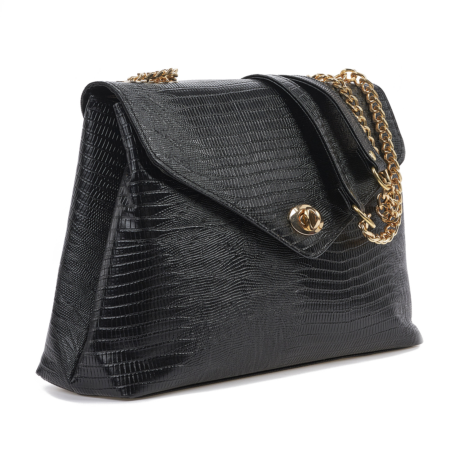 Sequoia Γυναικεία Τσάντα Ώμου με Ανάγλυφο Μοτίβο Ιγκουάνα και Χρυσή Αλυσίδα V-141IG Μαύρο