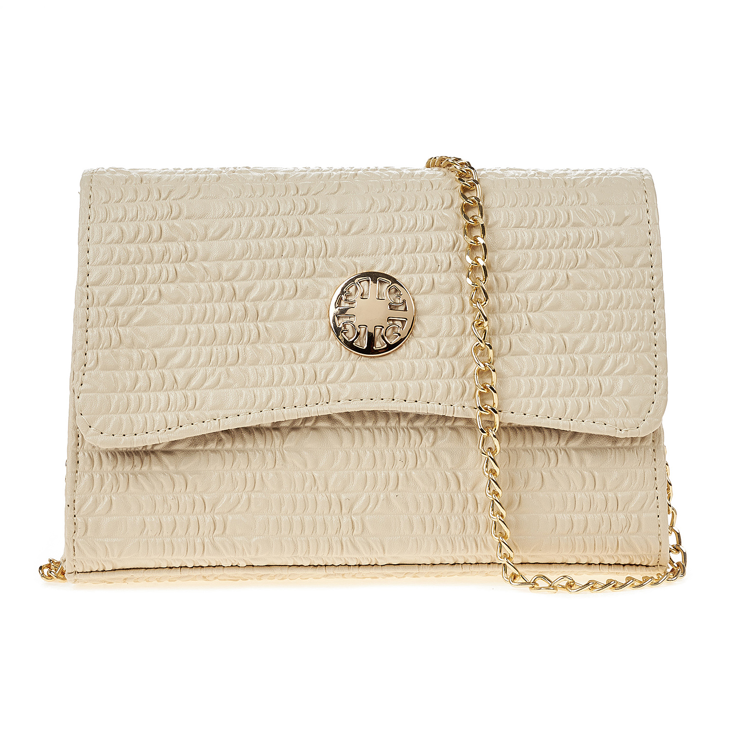 Sequoia Γυναικεία Τσάντα Χιαστί με Ανάγλυφο Μοτίβο και Χρυσή Αλυσίδα V-112BU Μπεζ