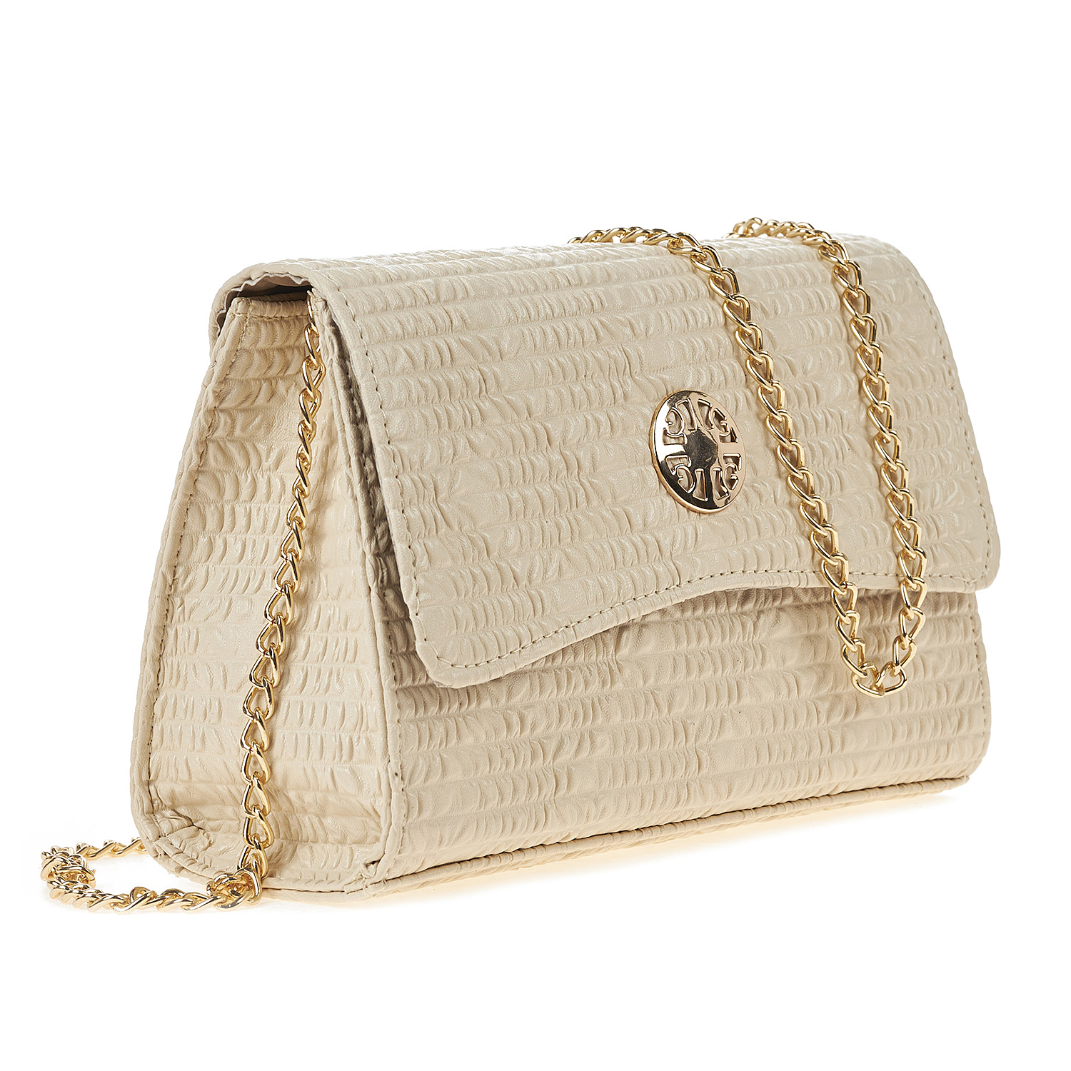 Sequoia Γυναικεία Τσάντα Χιαστί με Ανάγλυφο Μοτίβο και Χρυσή Αλυσίδα V-112BU Μπεζ