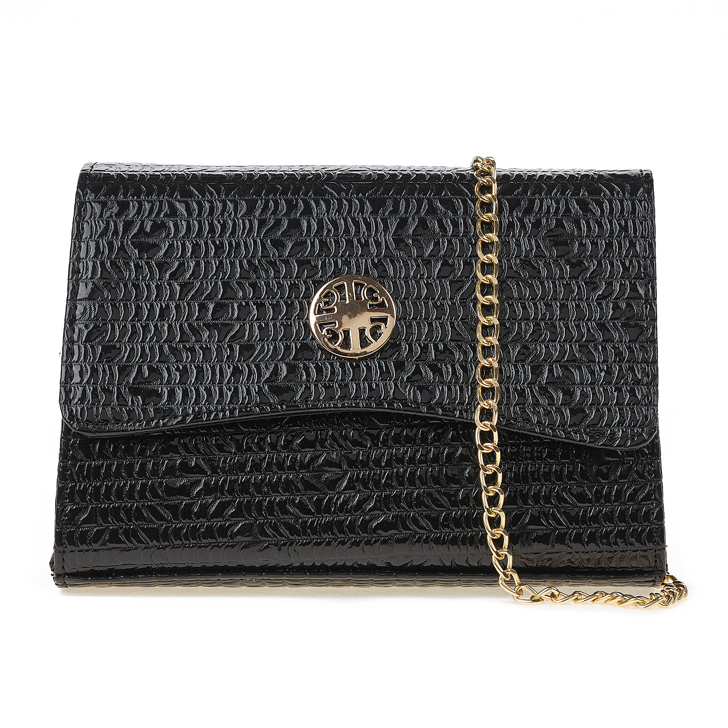 Sequoia Γυναικεία Τσάντα Χιαστί με Ανάγλυφο Μοτίβο και Χρυσή Αλυσίδα V-142BU Μαύρο