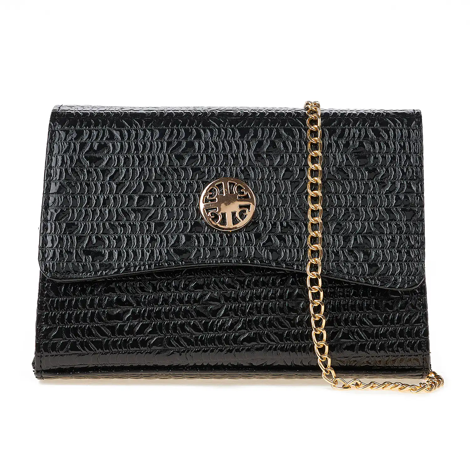 Sequoia Γυναικεία Τσάντα Χιαστί με Ανάγλυφο Μοτίβο και Χρυσή Αλυσίδα V-142BU Μαύρο