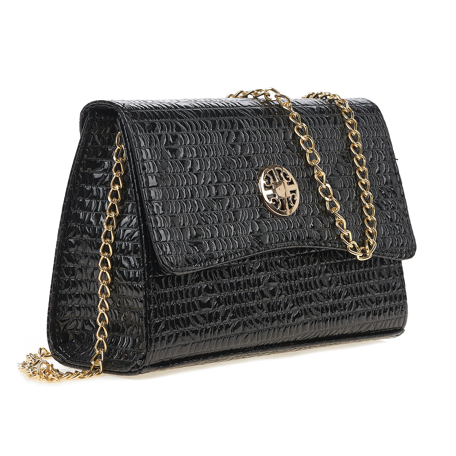 Sequoia Γυναικεία Τσάντα Χιαστί με Ανάγλυφο Μοτίβο και Χρυσή Αλυσίδα V-142BU Μαύρο