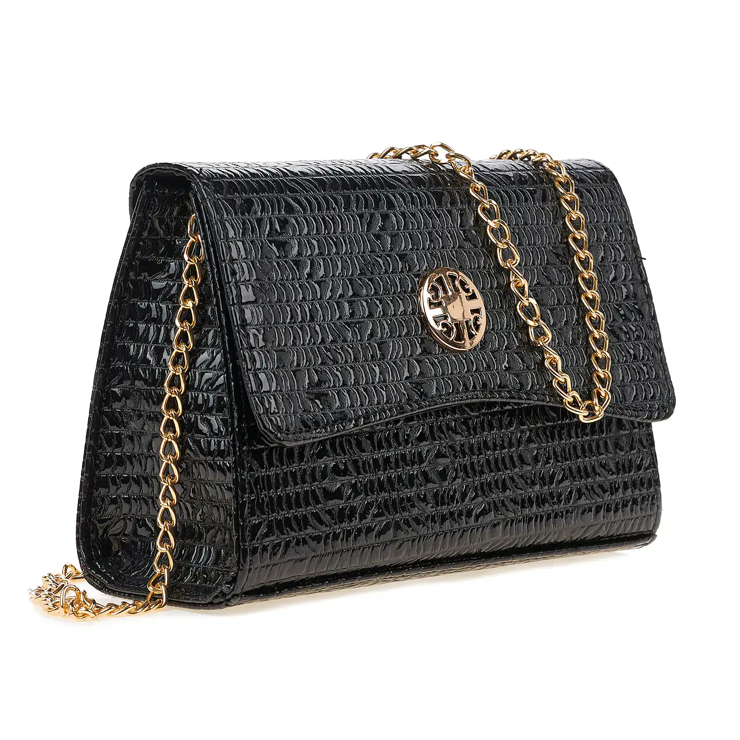 Sequoia Γυναικεία Τσάντα Χιαστί με Ανάγλυφο Μοτίβο και Χρυσή Αλυσίδα V-142BU Μαύρο