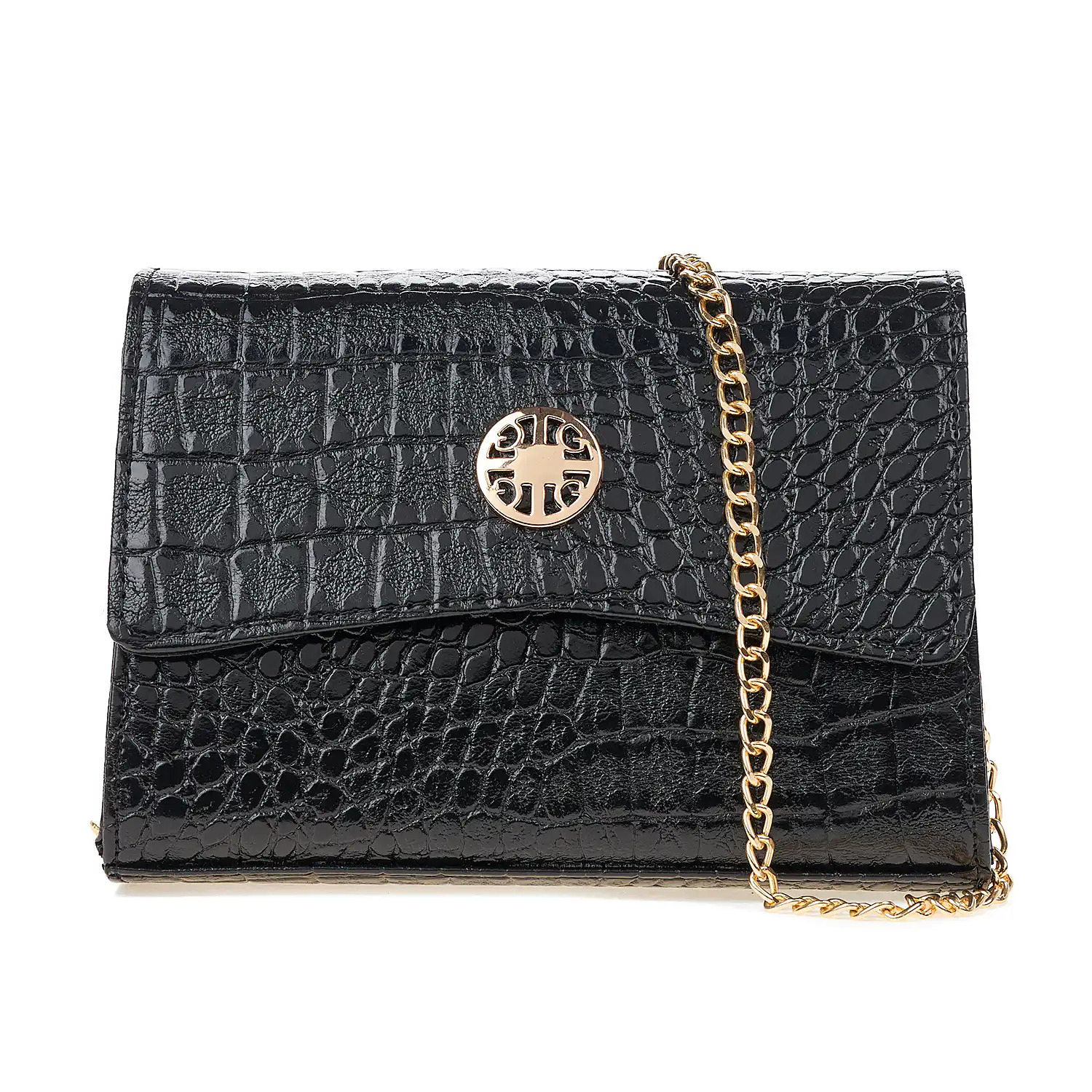Sequoia Γυναικεία Τσάντα Χιαστί με Ανάγλυφο  Μοτίβο Κροκό και Χρυσή Αλυσίδα V-142CR Μαύρο