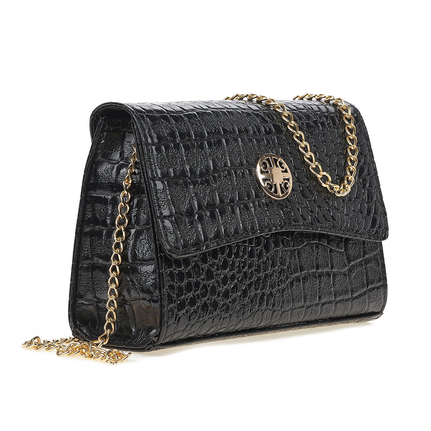 Sequoia Γυναικεία Τσάντα Χιαστί με Ανάγλυφο  Μοτίβο Κροκό και Χρυσή Αλυσίδα V-142CR Μαύρο