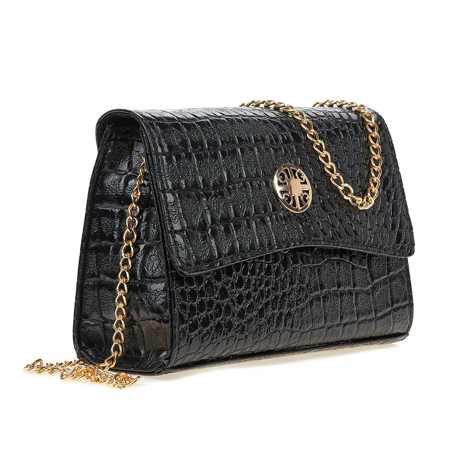 Sequoia Γυναικεία Τσάντα Χιαστί με Ανάγλυφο  Μοτίβο Κροκό και Χρυσή Αλυσίδα V-142CR Μαύρο