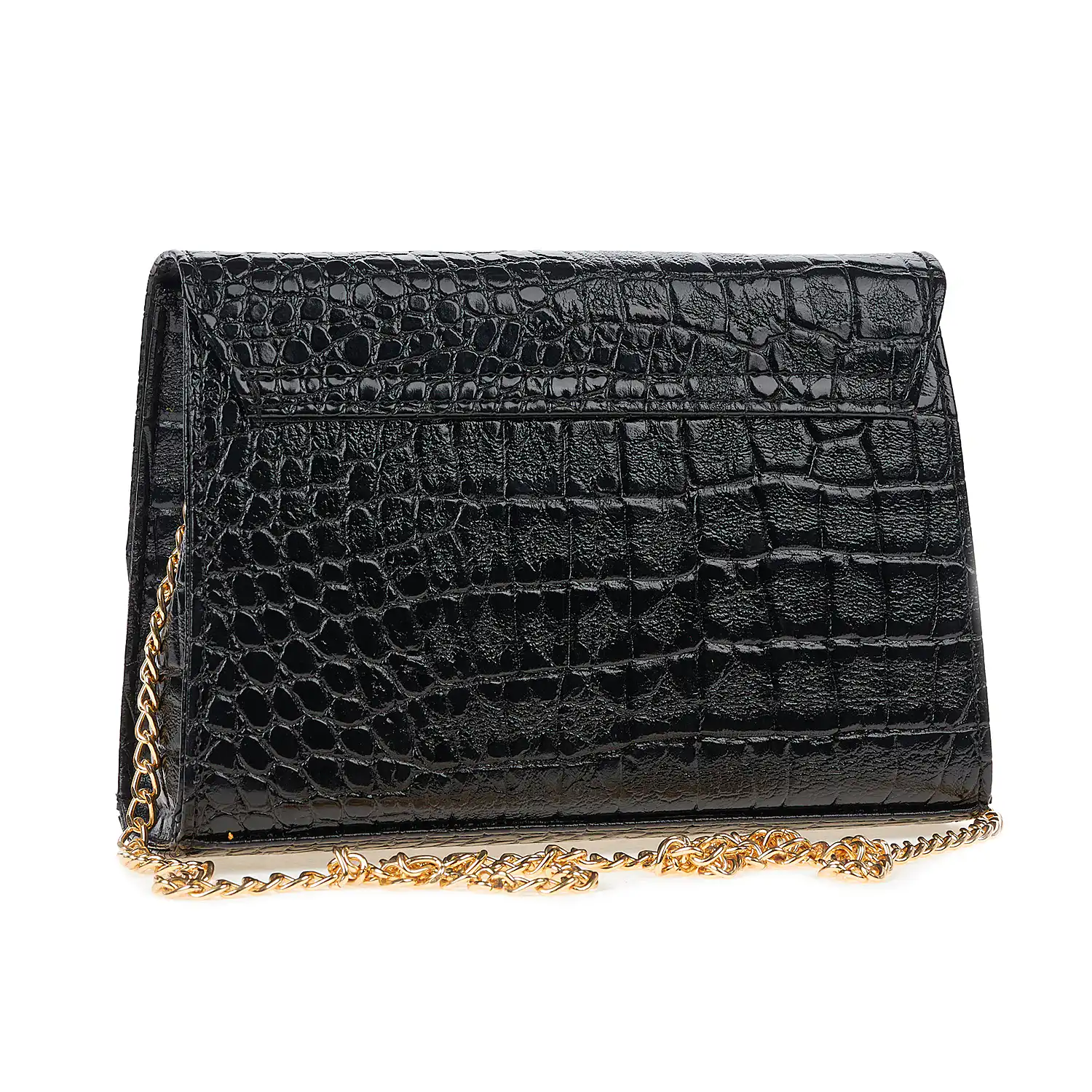Sequoia Γυναικεία Τσάντα Χιαστί με Ανάγλυφο  Μοτίβο Κροκό και Χρυσή Αλυσίδα V-142CR Μαύρο