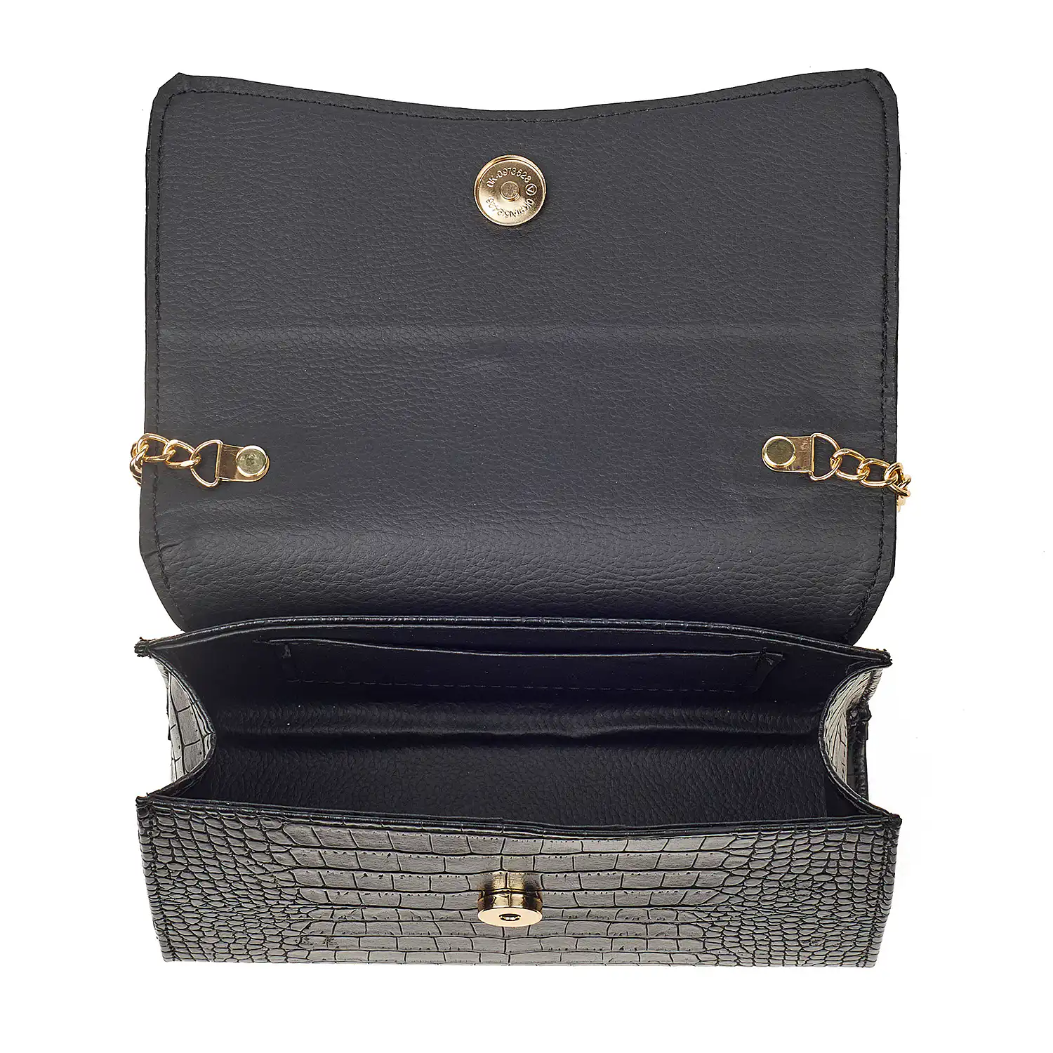 Sequoia Γυναικεία Τσάντα Χιαστί με Ανάγλυφο  Μοτίβο Κροκό και Χρυσή Αλυσίδα V-142CR Μαύρο