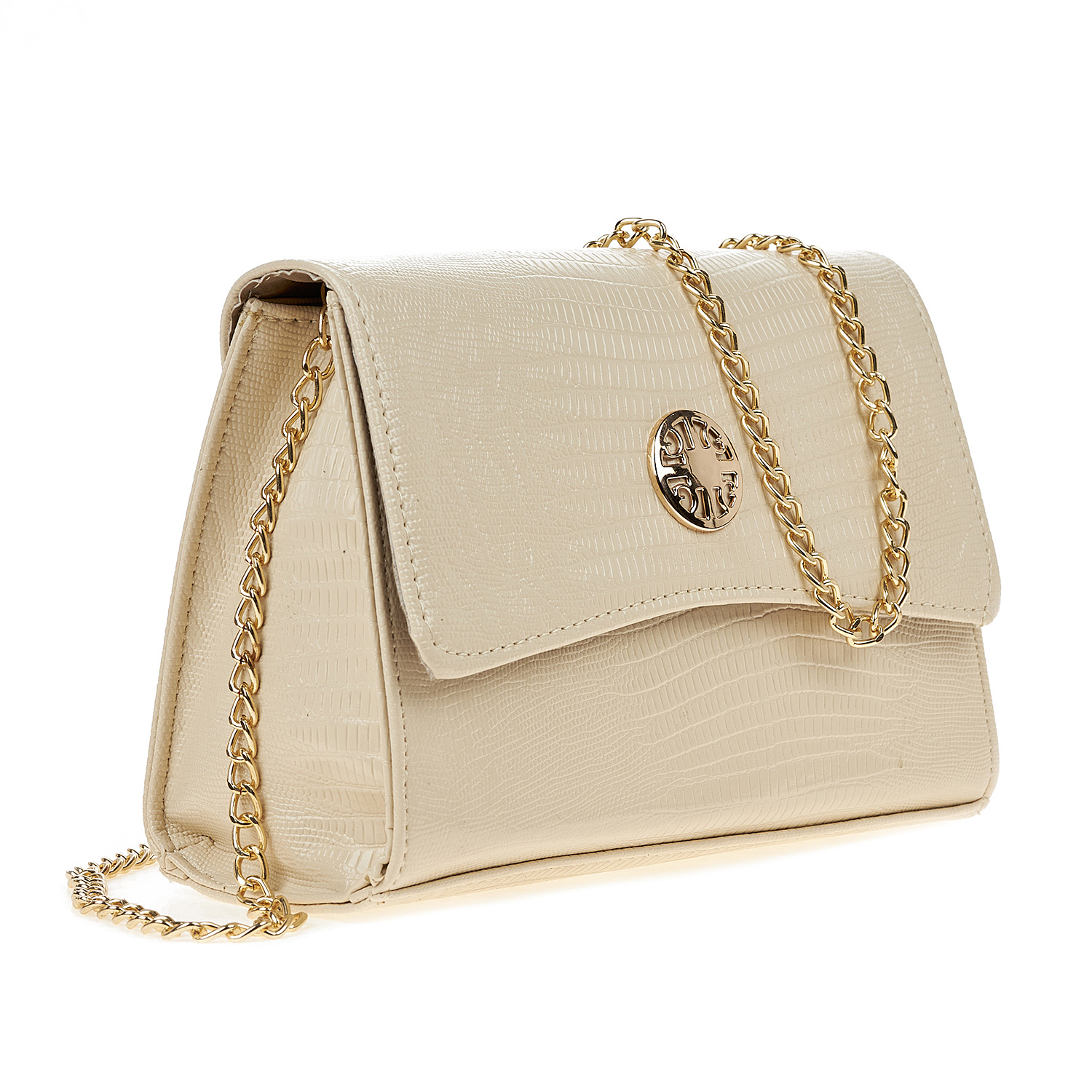 Sequoia Γυναικεία Τσάντα Χιαστί με Ανάγλυφο Μοτίβο Ιγκουάνα και Χρυσή Αλυσίδα V-142IG Μπεζ
