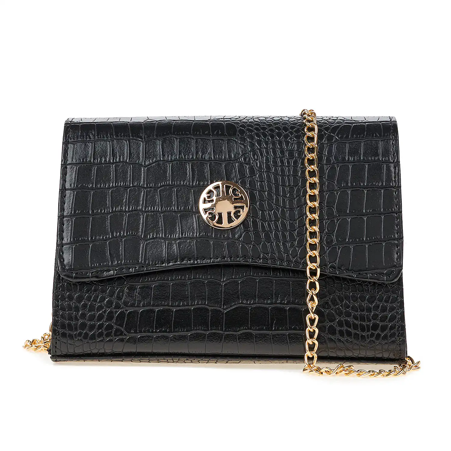 Sequoia Γυναικεία Τσάντα Χιαστί με Ανάγλυφο Μοτίβο Ιγκουάνα και Χρυσή Αλυσίδα V-142IG Μαύρο