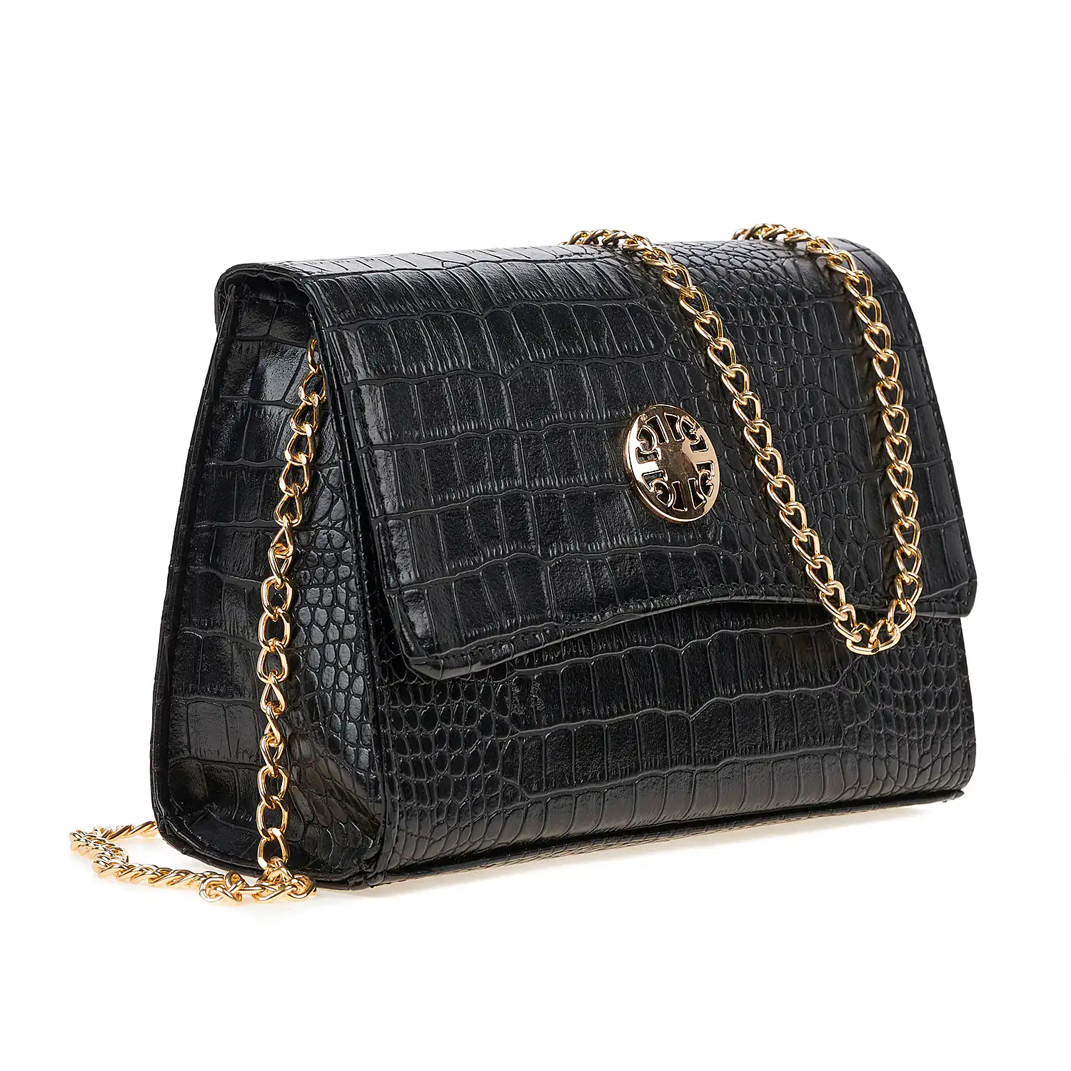 Sequoia Γυναικεία Τσάντα Χιαστί με Ανάγλυφο Μοτίβο Ιγκουάνα και Χρυσή Αλυσίδα V-142IG Μαύρο