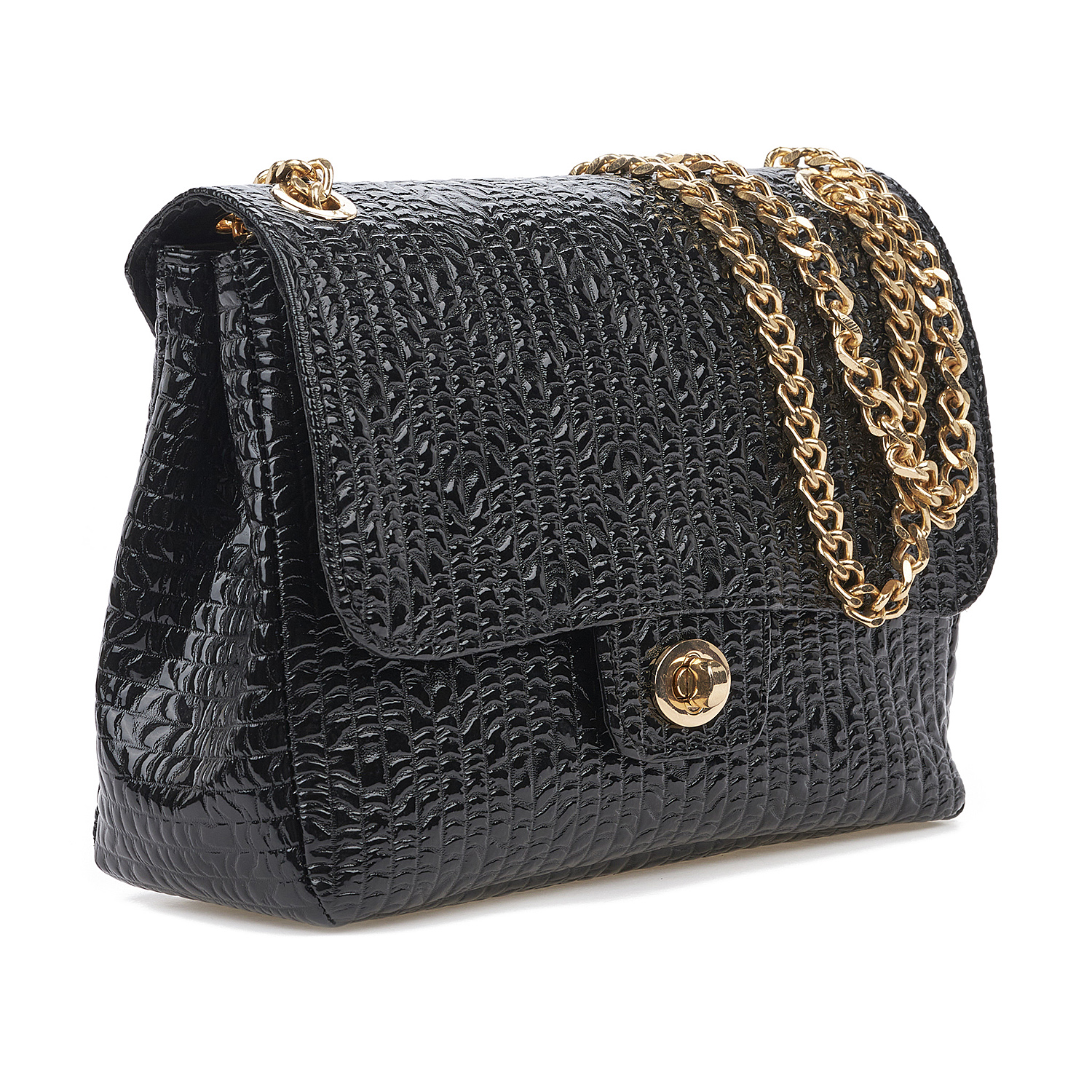 Sequoia Γυναικεία Τσάντα Ώμου με Ανάγλυφο Μοτίβο και Χρυσή Αλυσίδα V-828BU Μαύρο