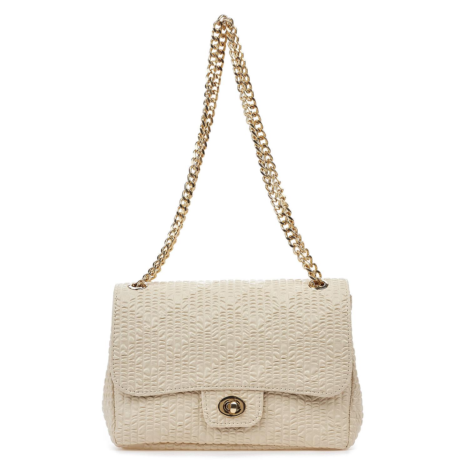 Sequoia Γυναικεία Τσάντα Ώμου με Ανάγλυφο Μοτίβο και Χρυσή Αλυσίδα V-828BU Μπεζ