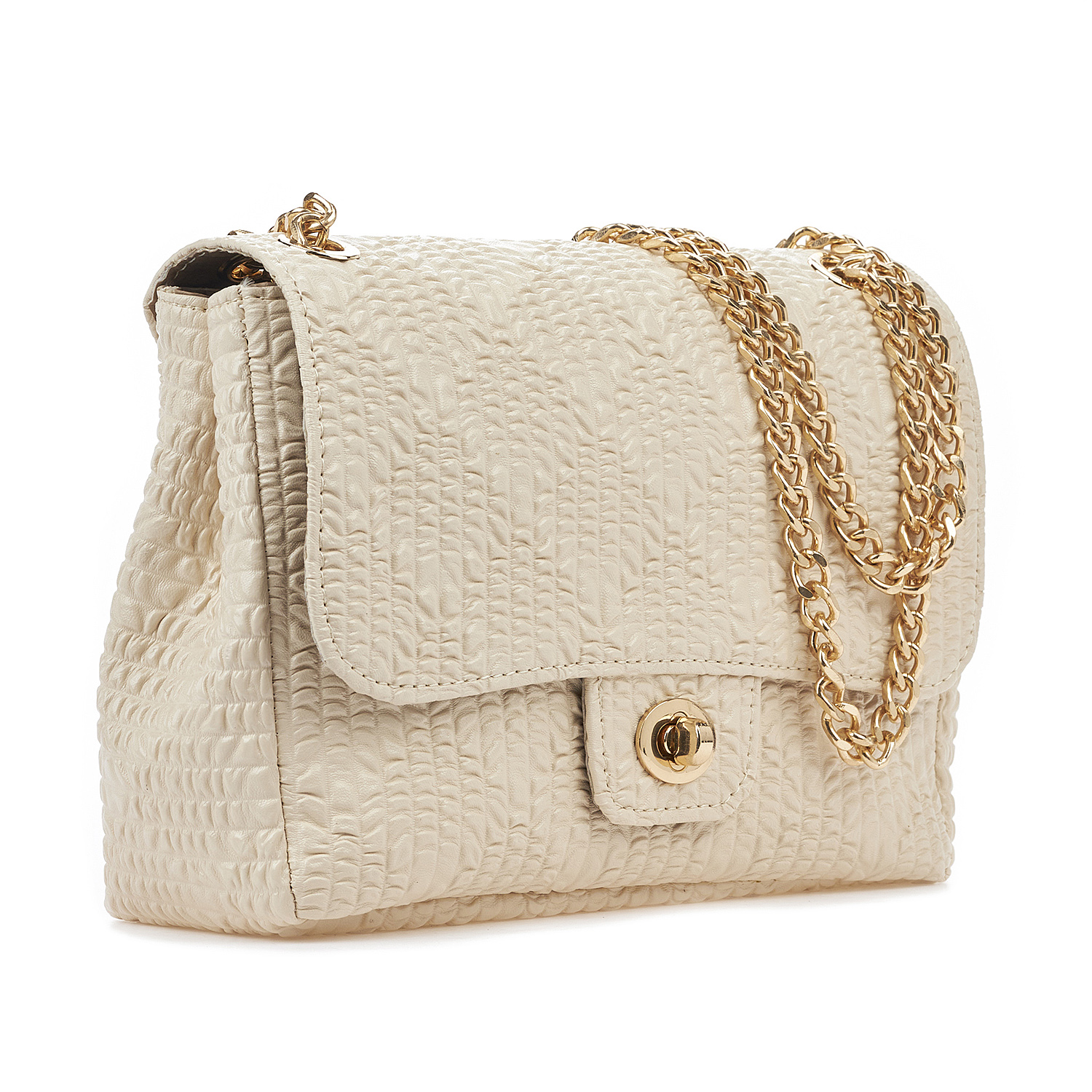 Sequoia Γυναικεία Τσάντα Ώμου με Ανάγλυφο Μοτίβο και Χρυσή Αλυσίδα V-828BU Μπεζ