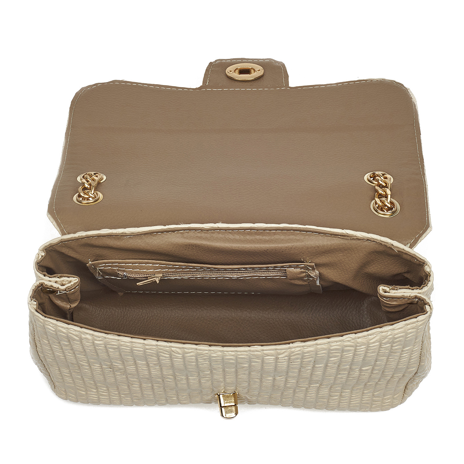 Sequoia Γυναικεία Τσάντα Ώμου με Ανάγλυφο Μοτίβο και Χρυσή Αλυσίδα V-828BU Μπεζ