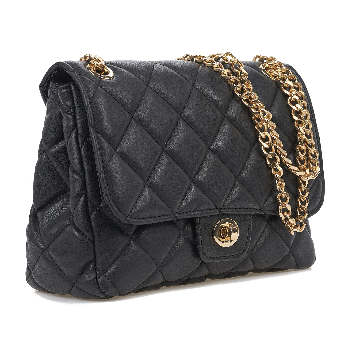 Sequoia Γυναικεία Τσάντα Ώμου με Καπιτονέ Μοτίβο και Χρυσή Αλυσίδα V-828CH Μαύρο