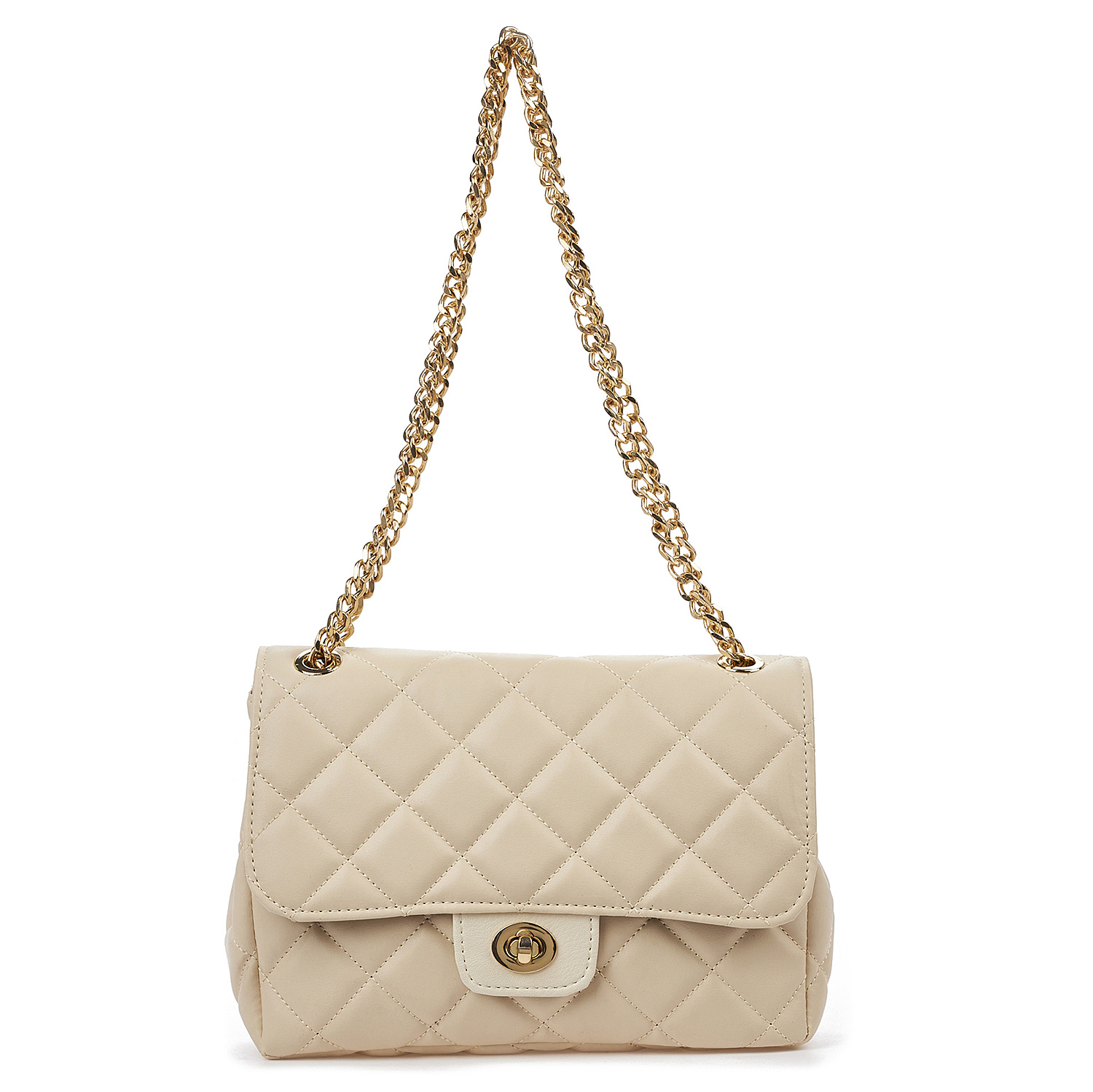 Sequoia Γυναικεία Τσάντα Ώμου με Καπιτονέ Μοτίβο και Χρυσή Αλυσίδα V-828CH Μπεζ