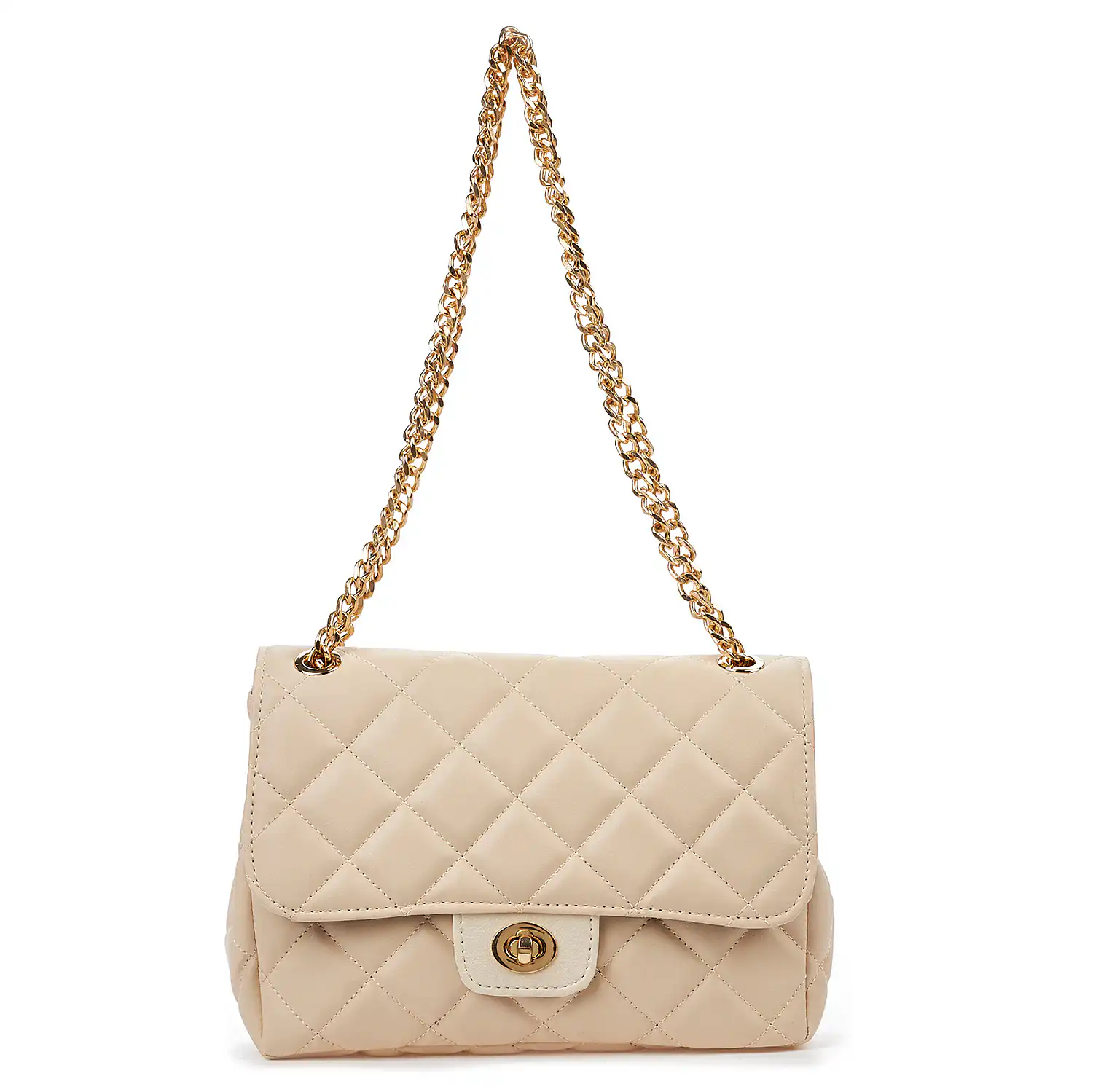 Sequoia Γυναικεία Τσάντα Ώμου με Καπιτονέ Μοτίβο και Χρυσή Αλυσίδα V-828CH Μπεζ