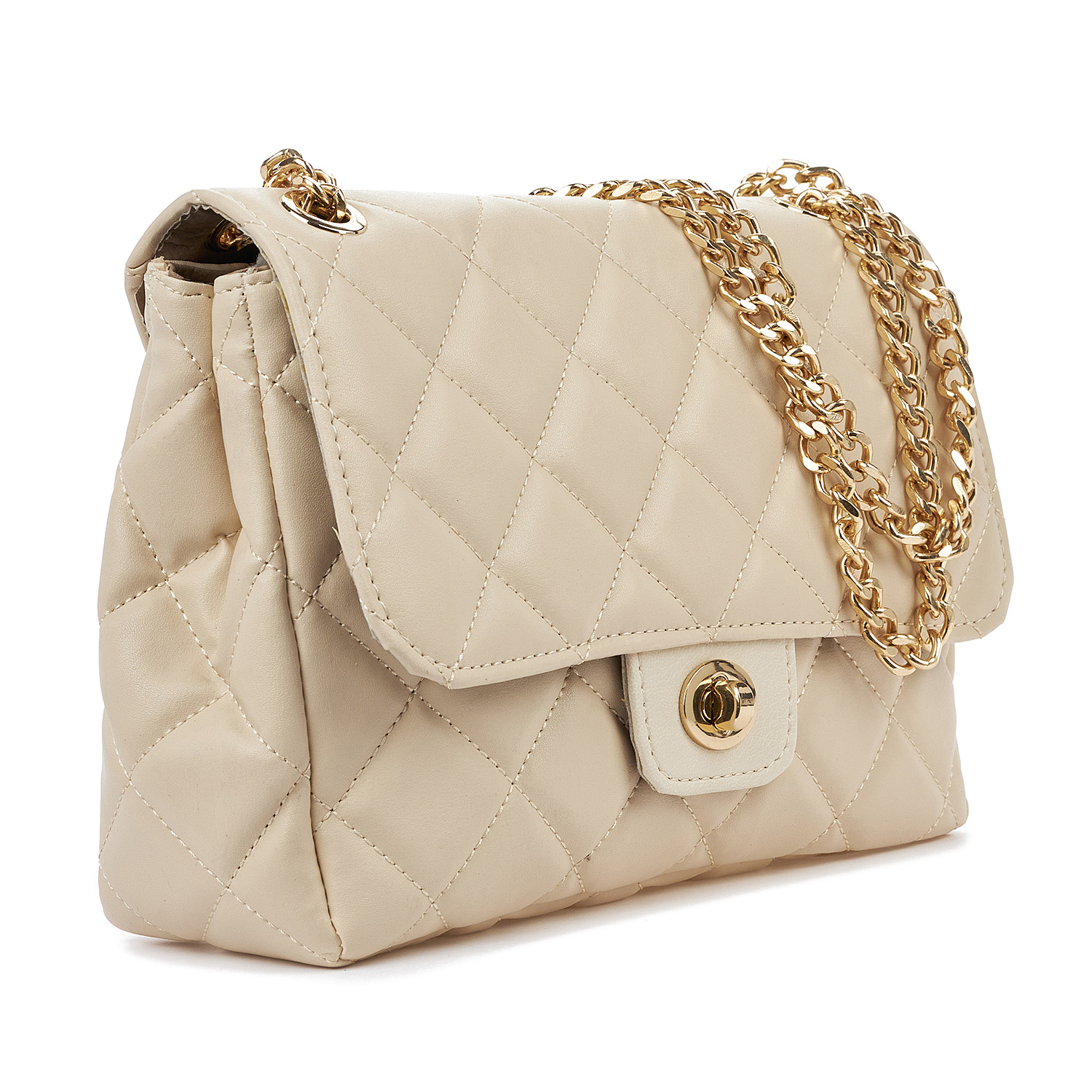 Sequoia Γυναικεία Τσάντα Ώμου με Καπιτονέ Μοτίβο και Χρυσή Αλυσίδα V-828CH Μπεζ