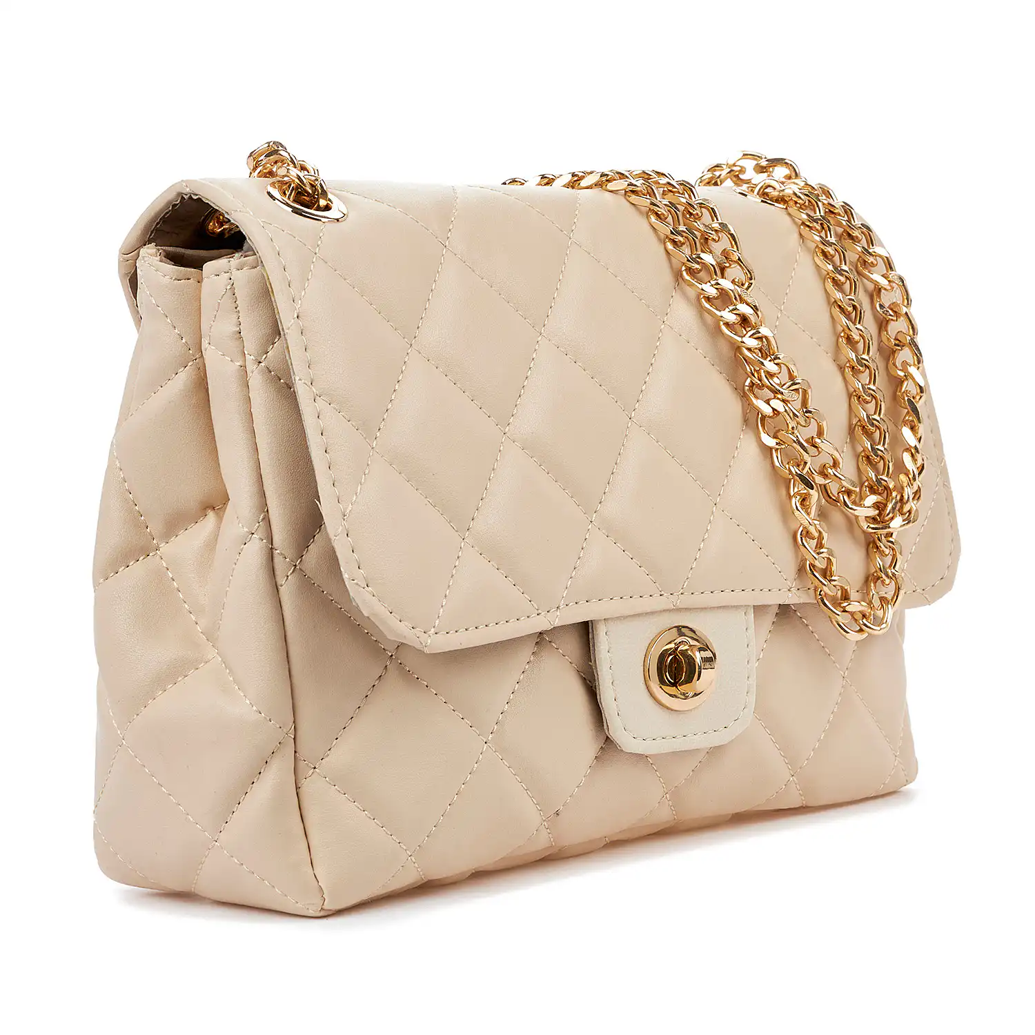 Sequoia Γυναικεία Τσάντα Ώμου με Καπιτονέ Μοτίβο και Χρυσή Αλυσίδα V-828CH Μπεζ