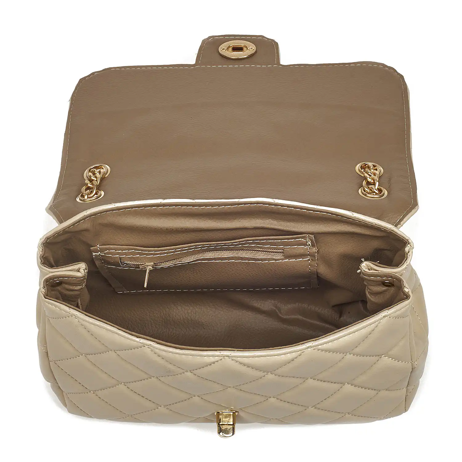 Sequoia Γυναικεία Τσάντα Ώμου με Καπιτονέ Μοτίβο και Χρυσή Αλυσίδα V-828CH Μπεζ