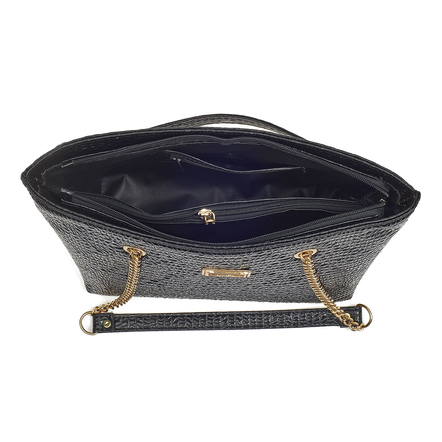 Sequoia Γυναικεία Τσάντα Ώμου (μεσαία) με Ανάγλυφο Μοτίβο και Χρυσή Αλυσίδα V-832BU Μαύρο