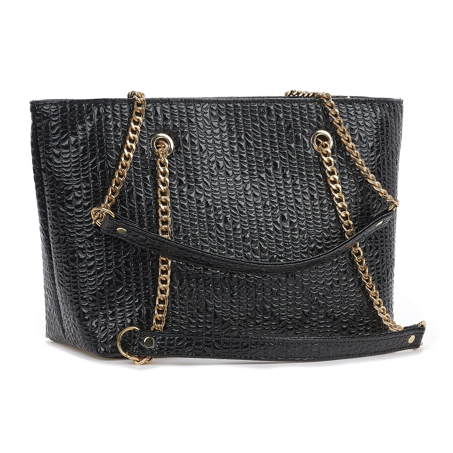 Sequoia Γυναικεία Τσάντα Ώμου (μεσαία) με Ανάγλυφο Μοτίβο και Χρυσή Αλυσίδα V-832BU Μαύρο