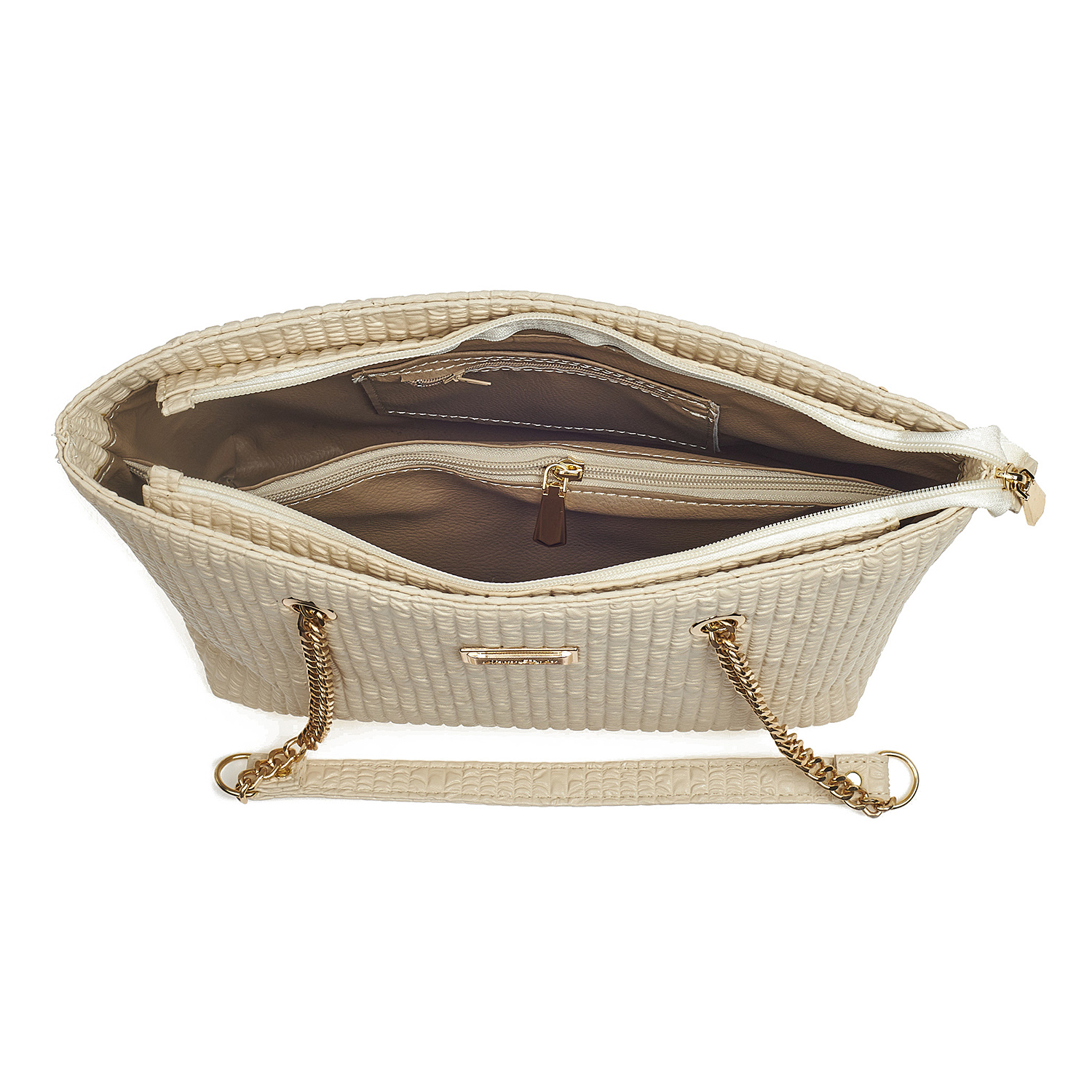 Sequoia Γυναικεία Τσάντα Ώμου (μεσαία) με Ανάγλυφο Μοτίβο και Χρυσή Αλυσίδα V-832BU Μπεζ